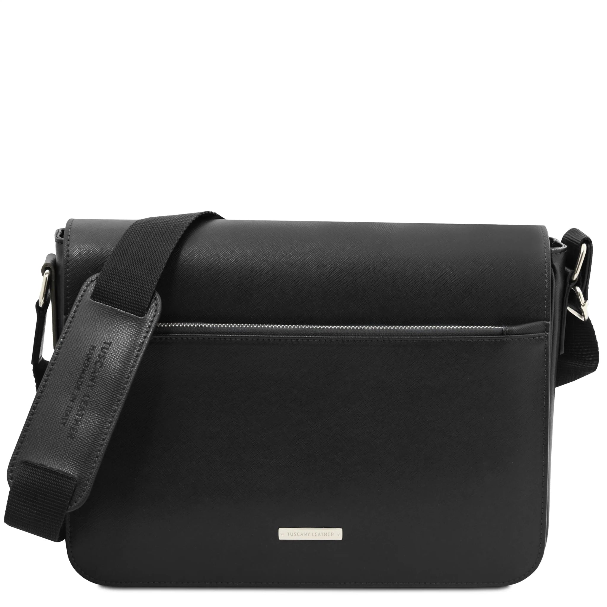 Front view Saffiano Leather Messenger Bag in black