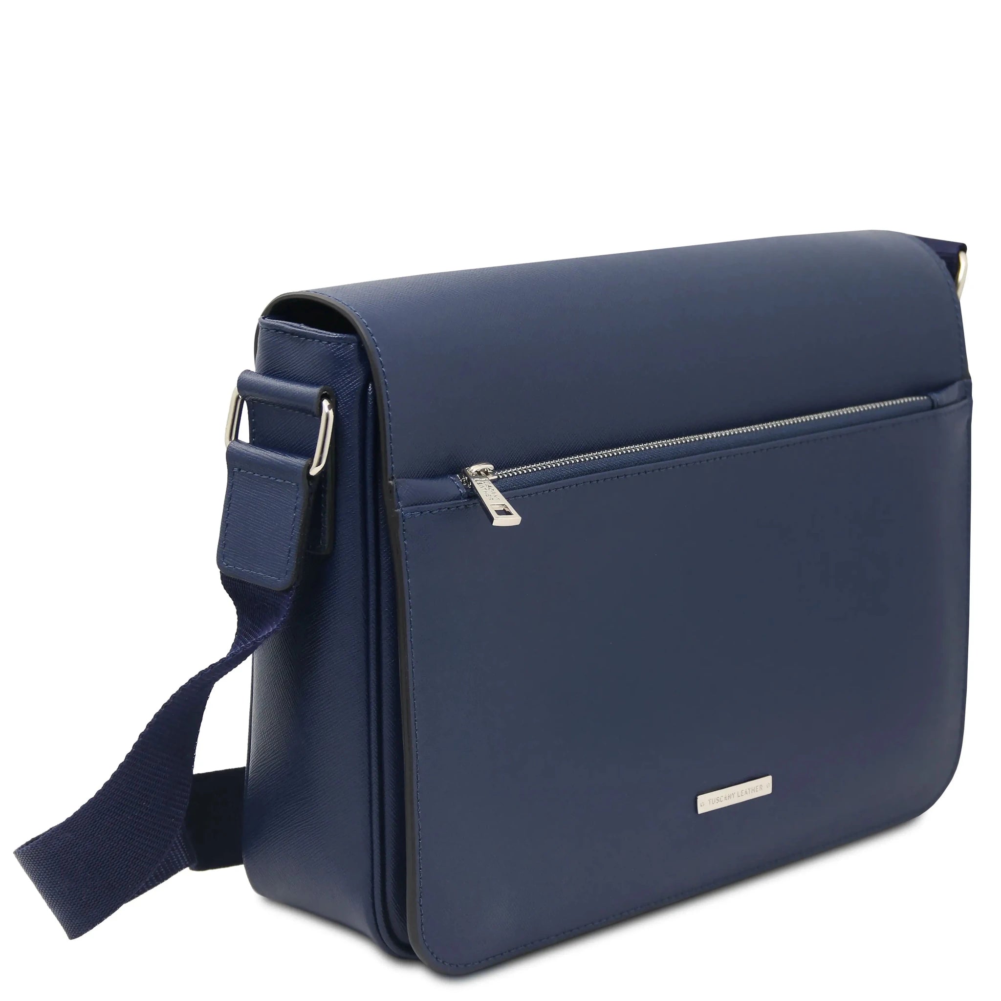 Front angled view Saffiano Leather Messenger Bag in dark blue