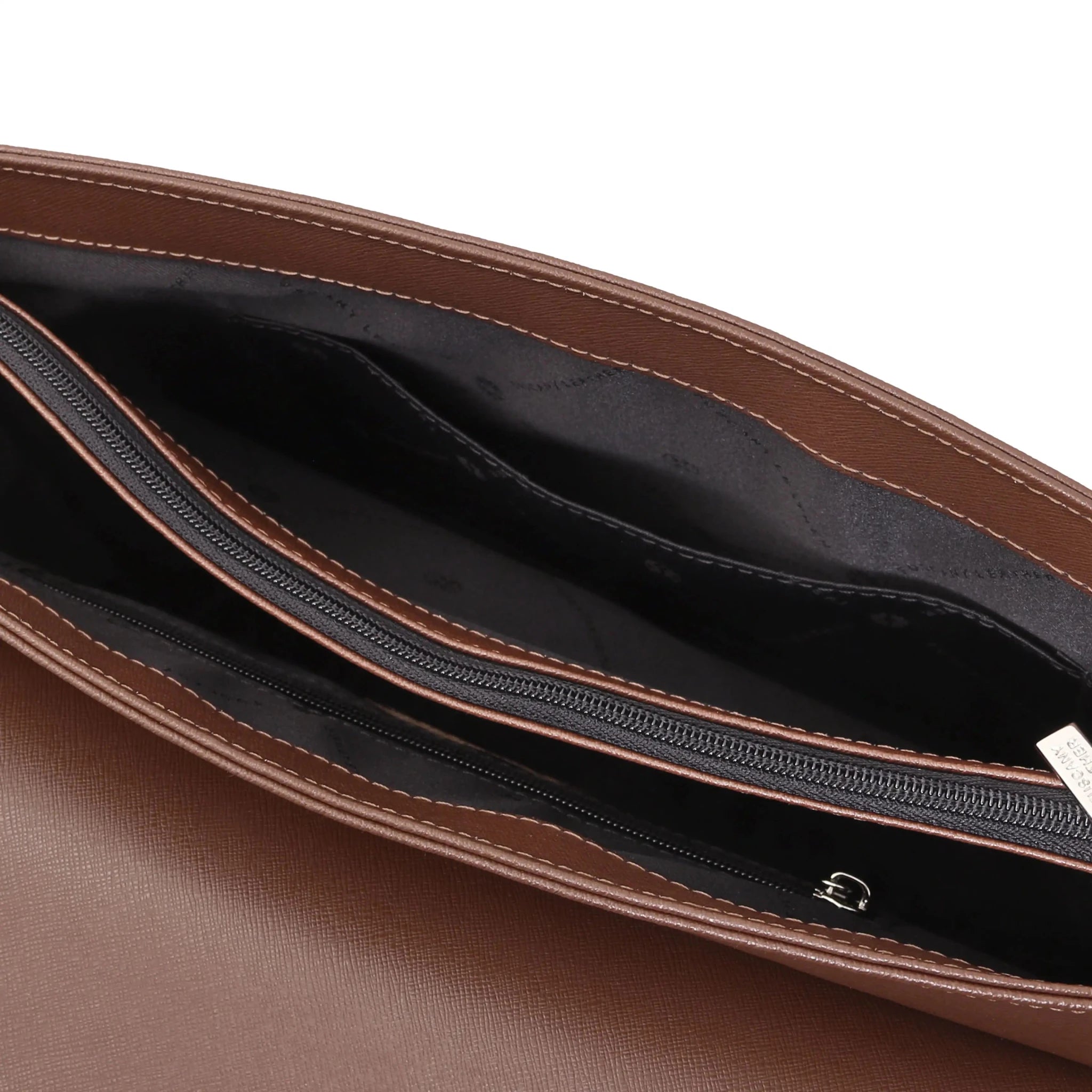 Interior open and central compartment view Saffiano Leather Messenger Bag in coffee