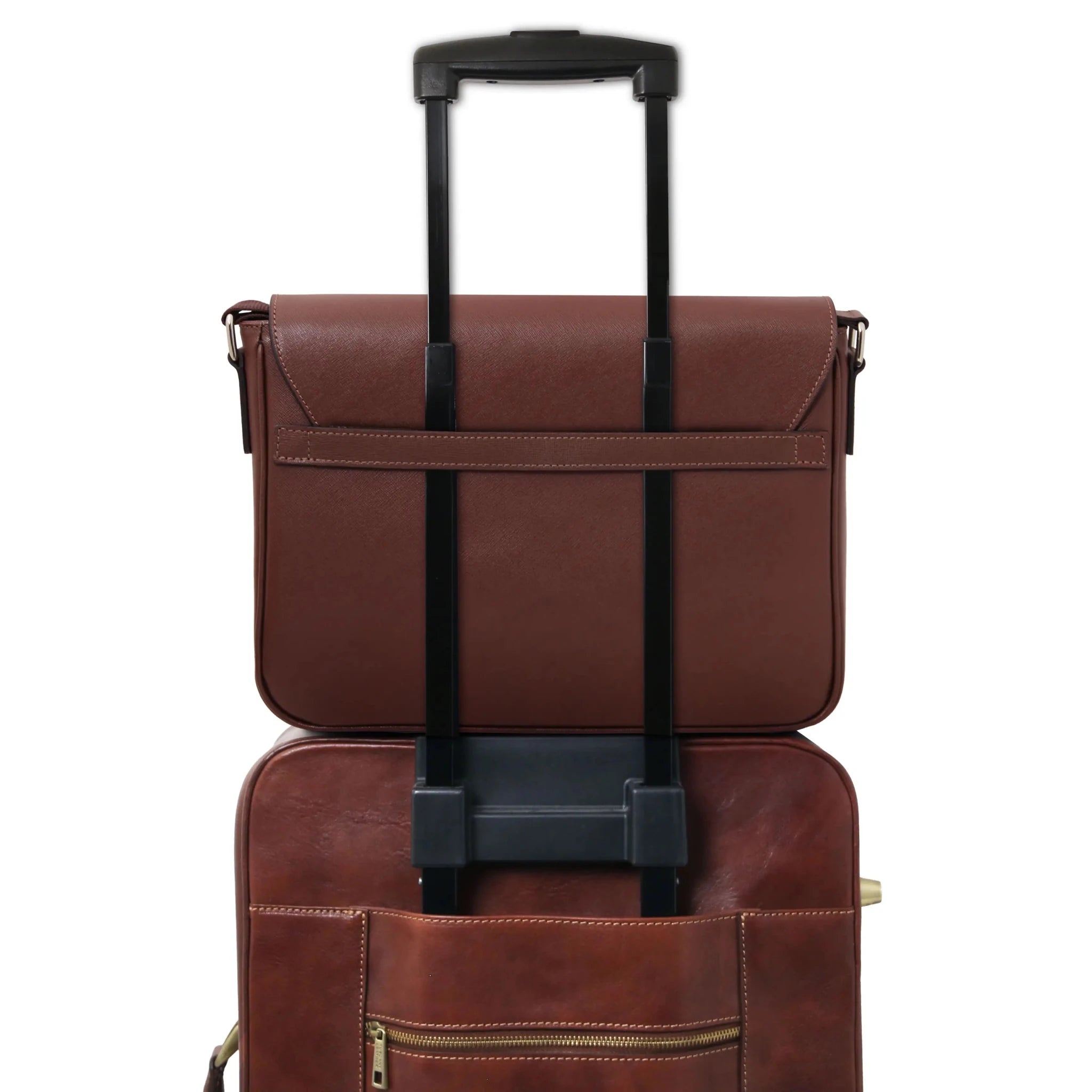 Saffiano Leather Messenger Bag in coffee on luggage trolley