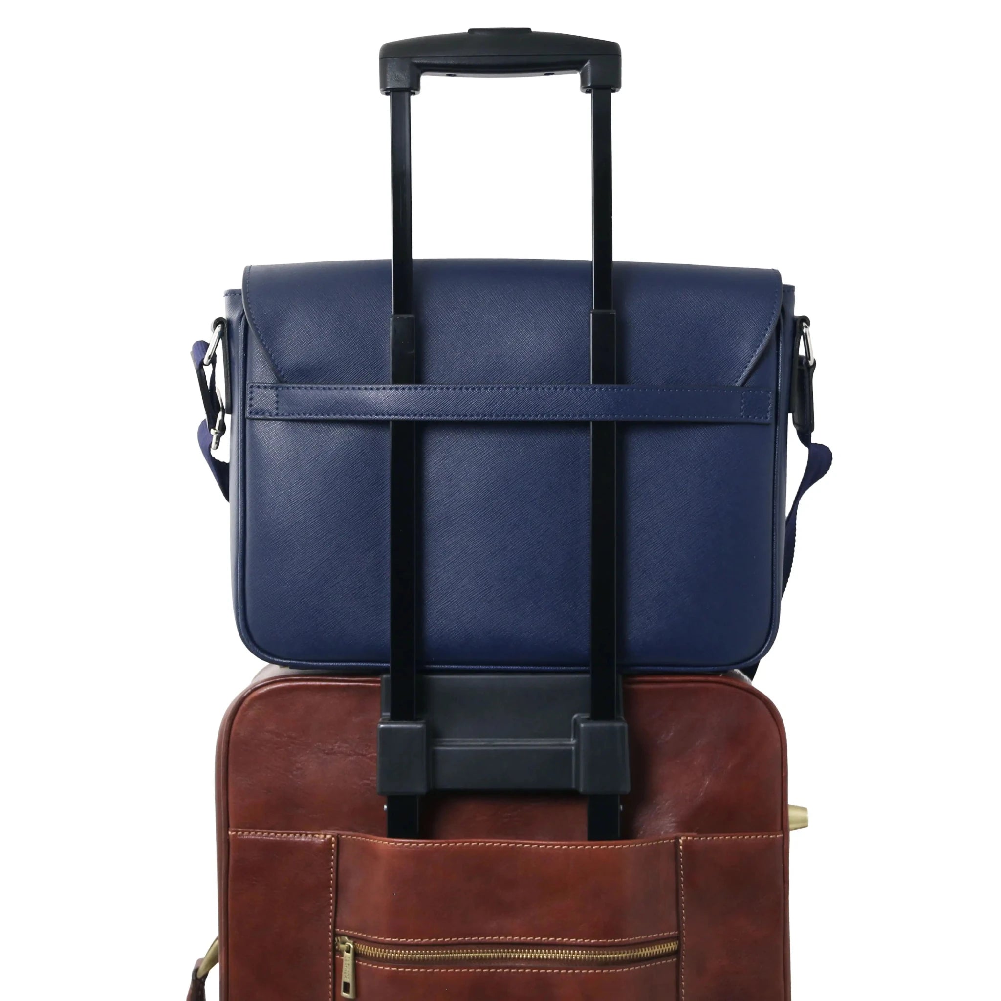 Saffiano Leather Messenger Bag in dark blue on luggage trolley