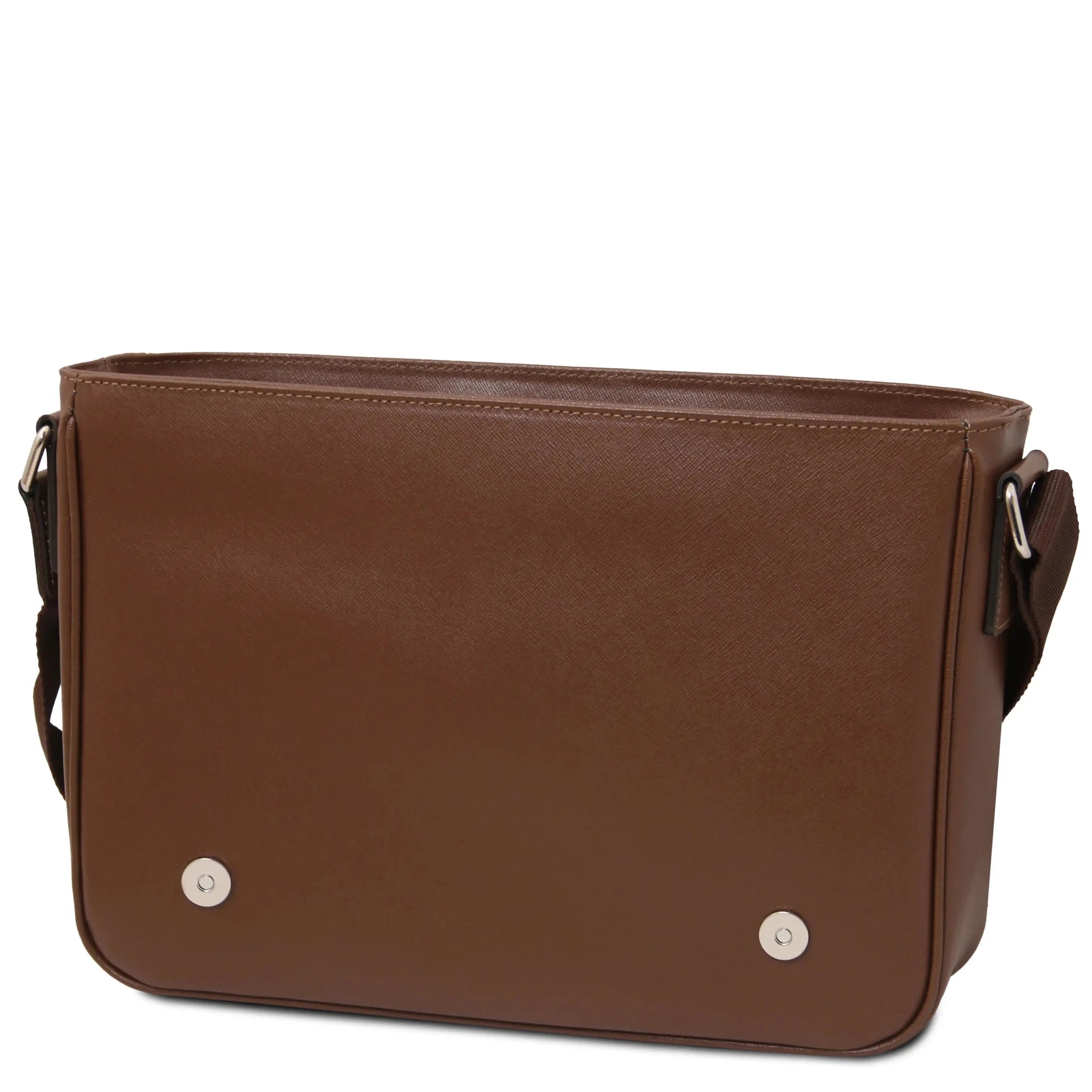 Interior front flap opened view Saffiano Leather Messenger Bag in coffee