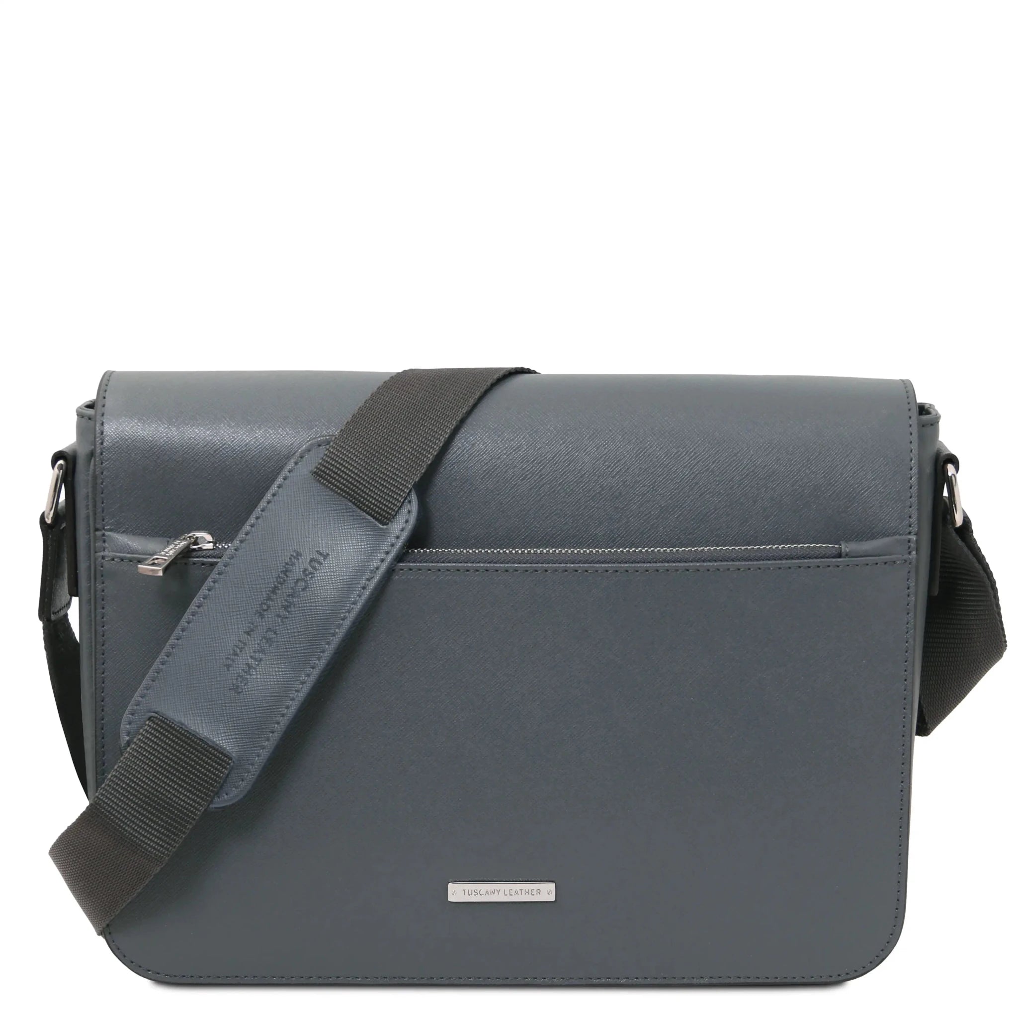 Front view Saffiano Leather Messenger Bag in gray
