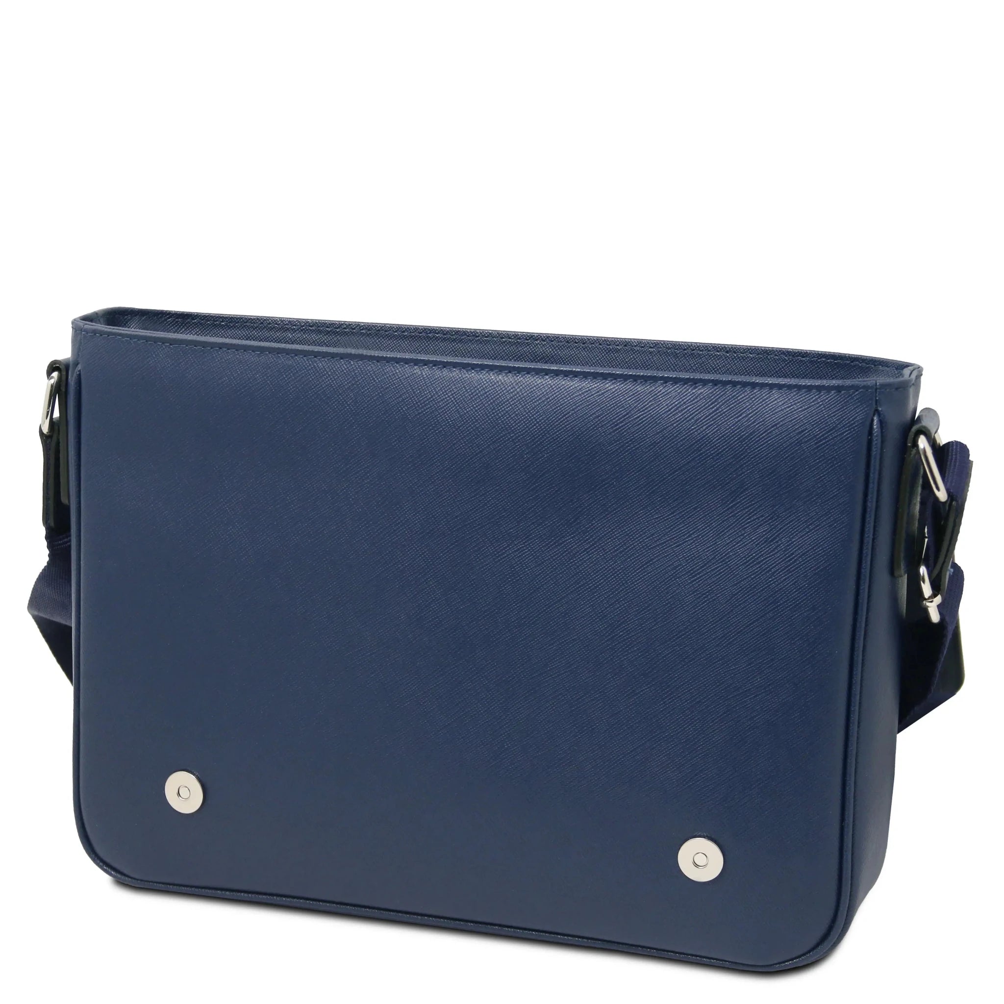 Interior front flap opened view Saffiano Leather Messenger Bag in dark blue