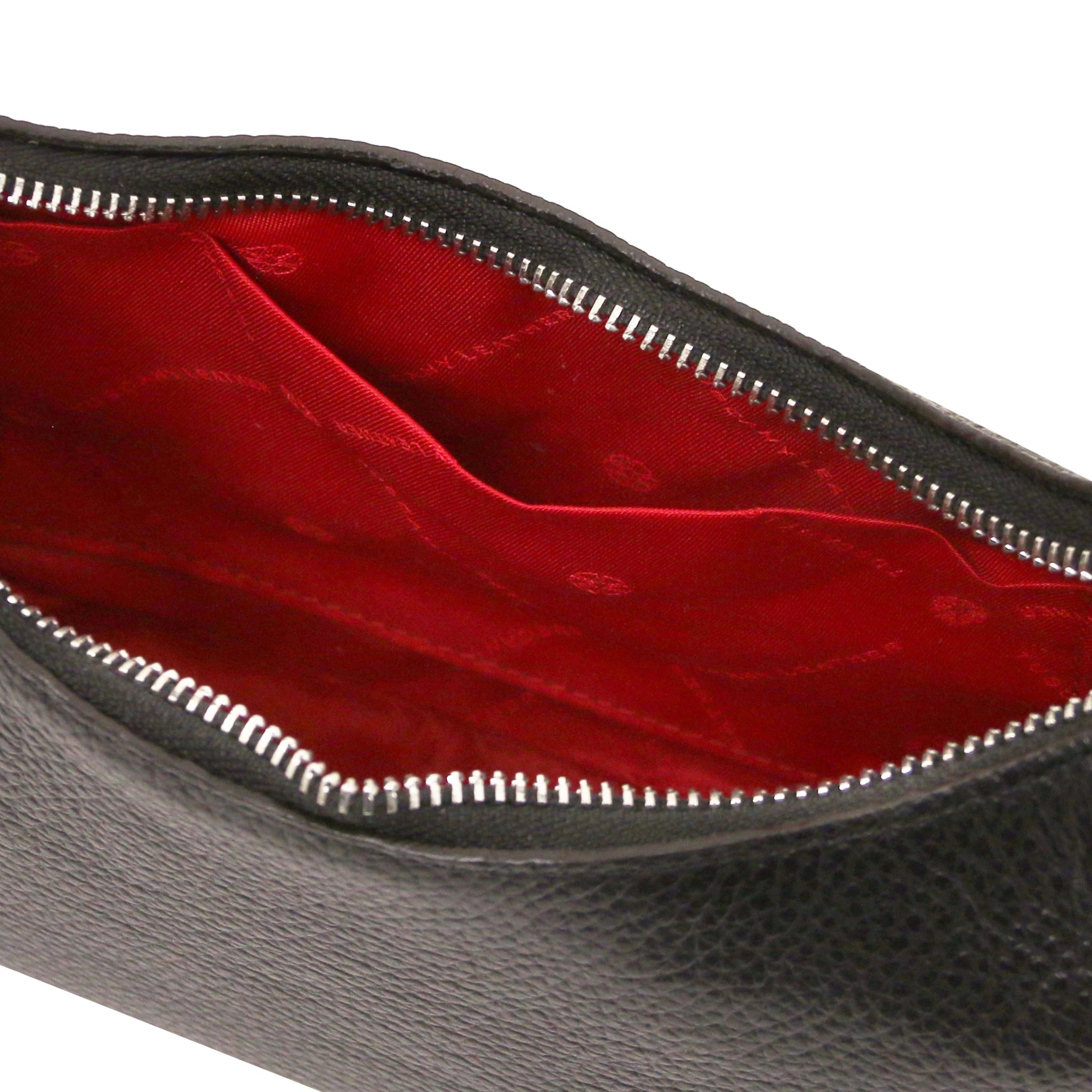 Black bag with red interior, open pocket and zipper on a white background