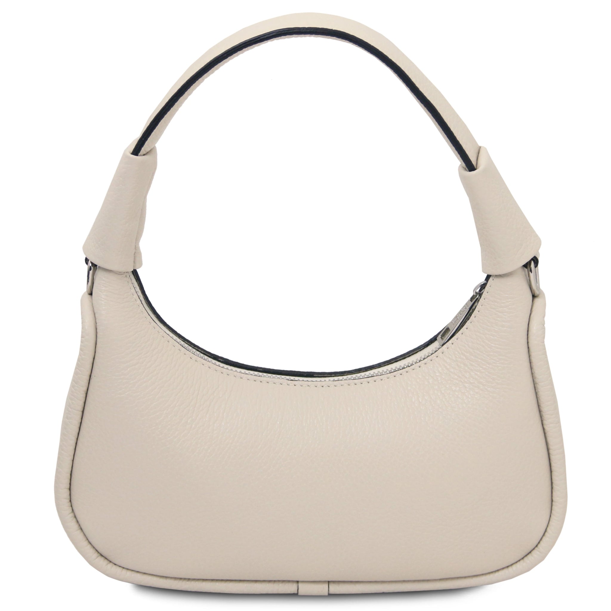 Back of Beige handbag on a white background