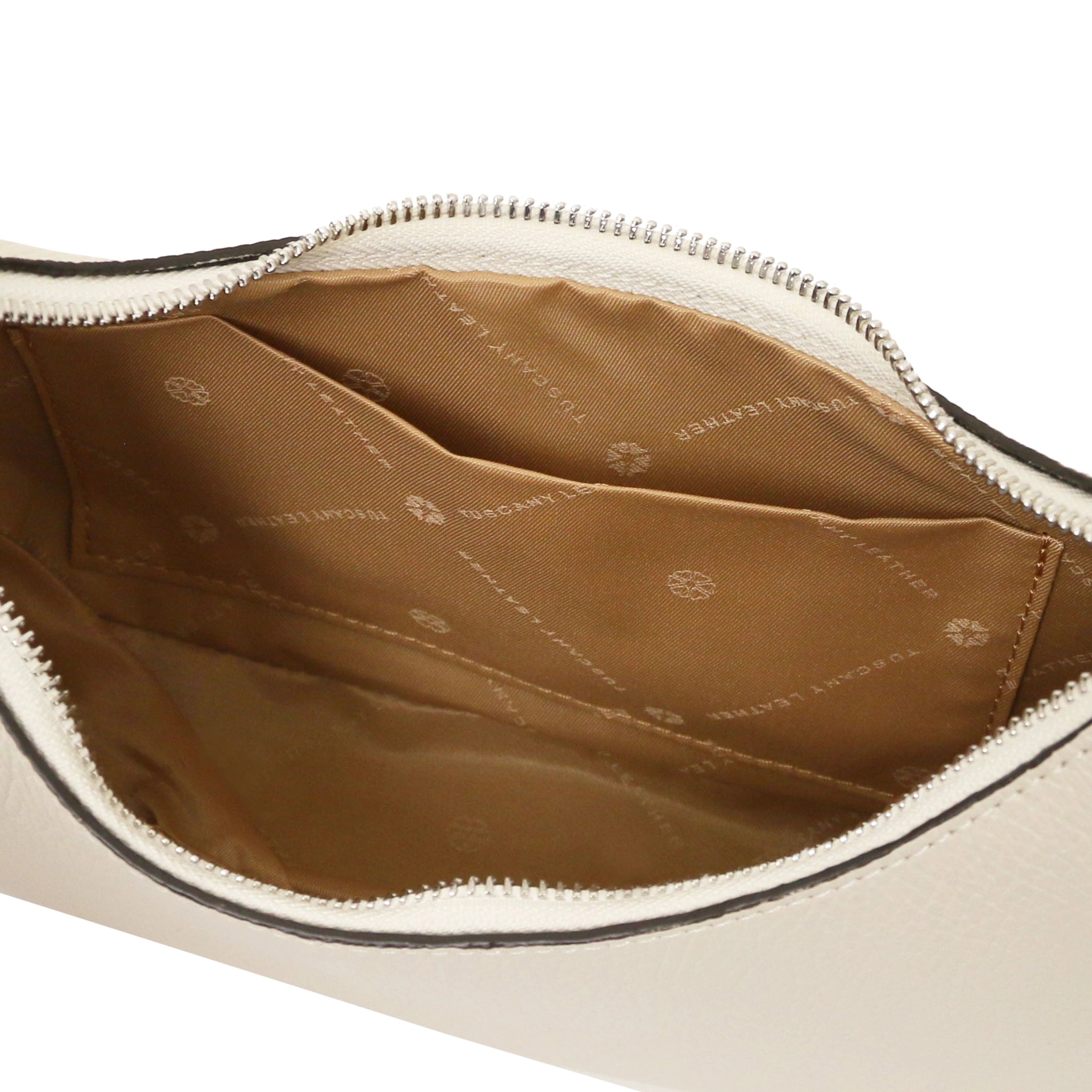 Close-up of a beige handbag with tan interior and open pocket on a white background
