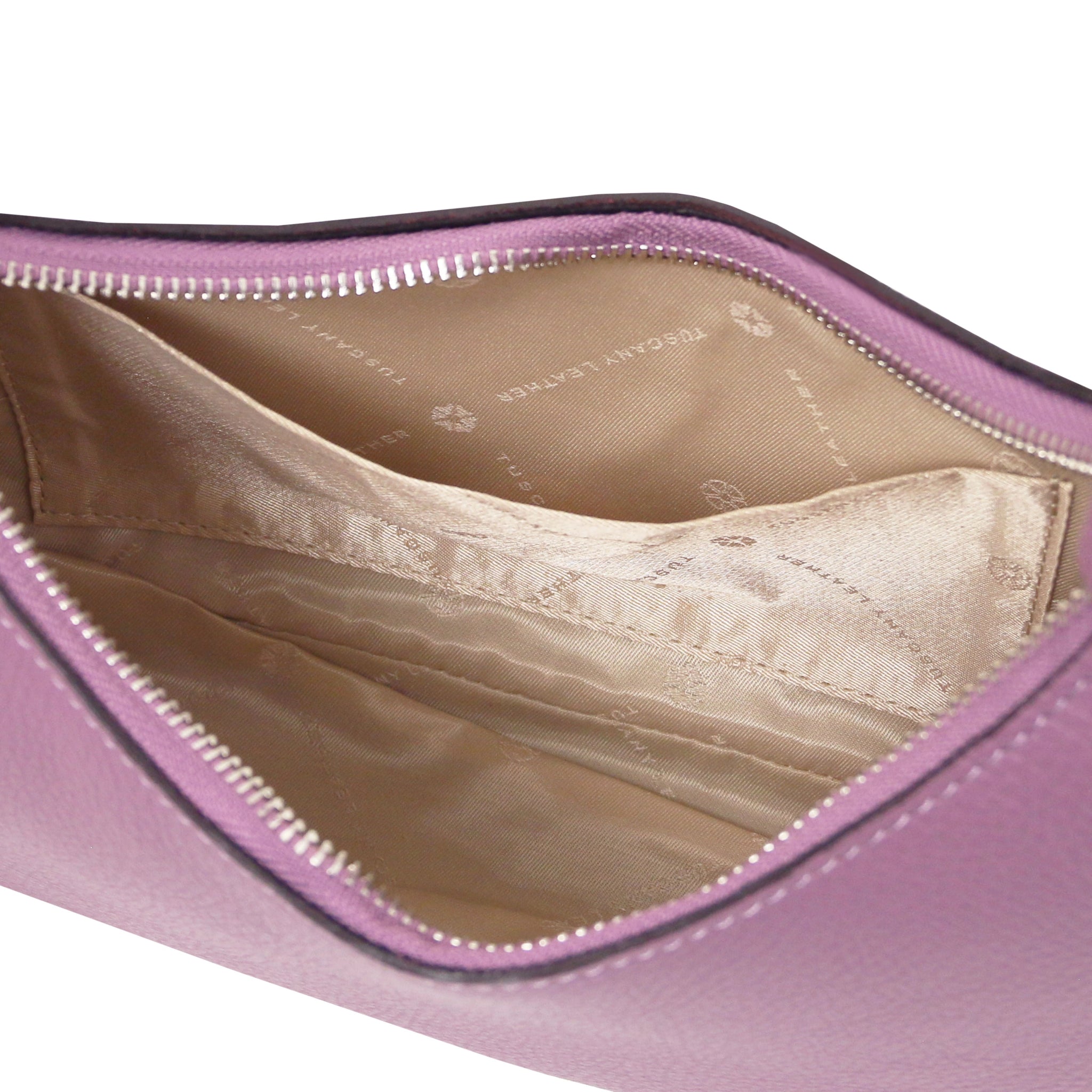 Michelle Italian Pebbled Leather Handbag Lilac Beige Polyester Interior Showing Open Pocket(1)