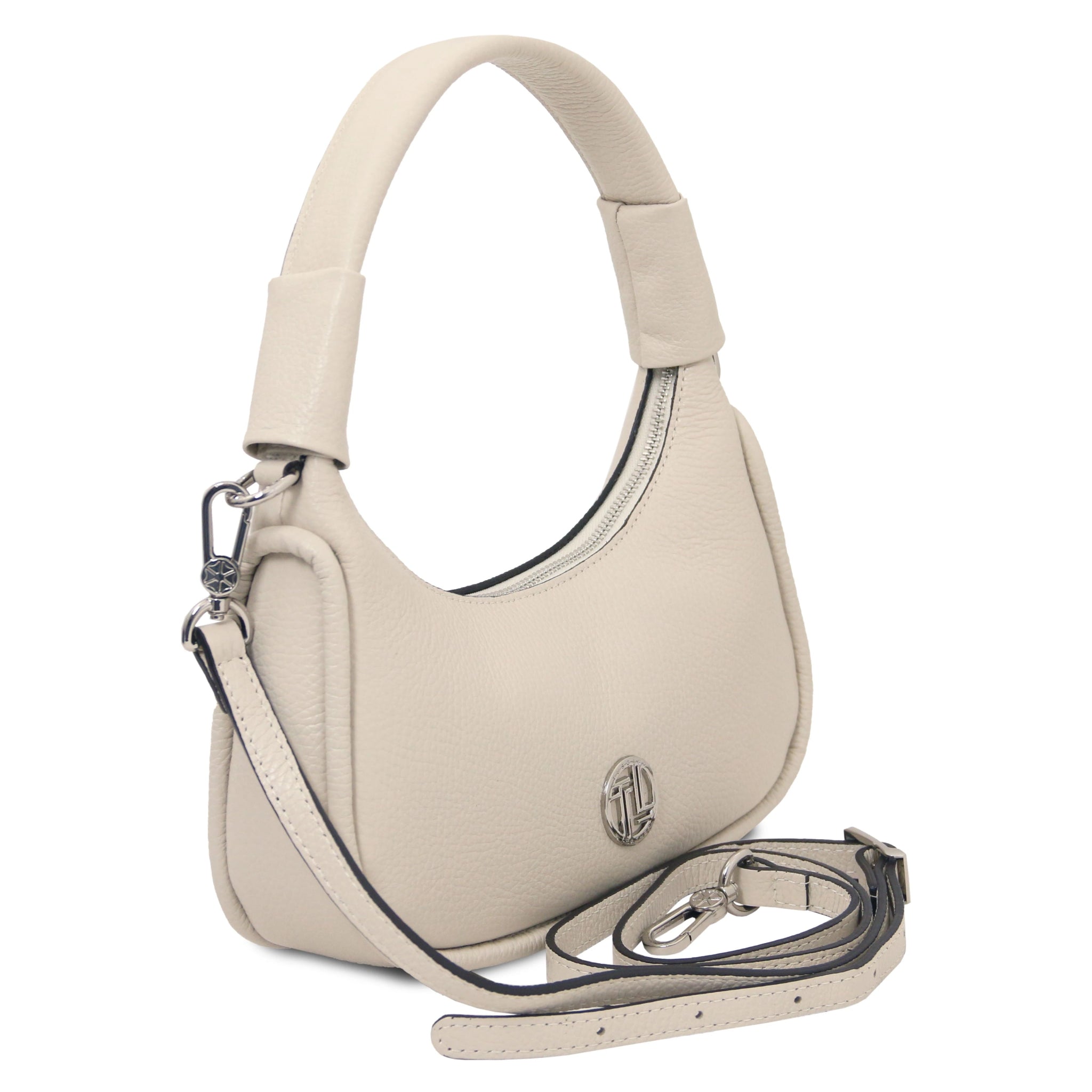 Beige handbag with a detachable strap on a white background