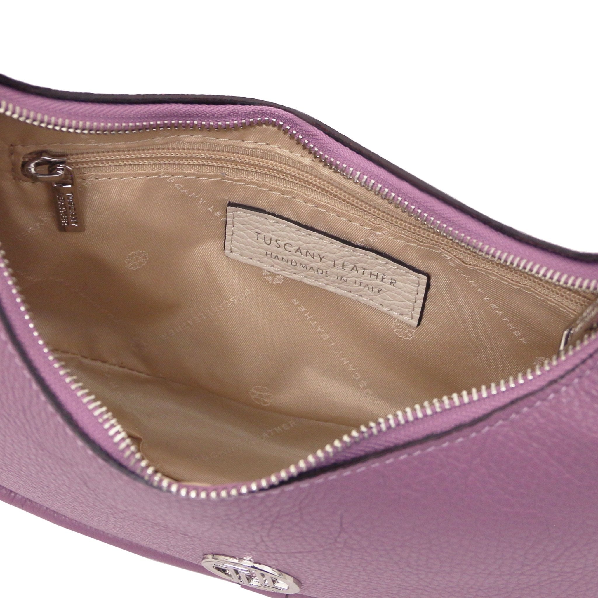 Michelle Italian Pebbled Leather Handbag Lilac Beige Polyester Interior Showing Zip Pocke
