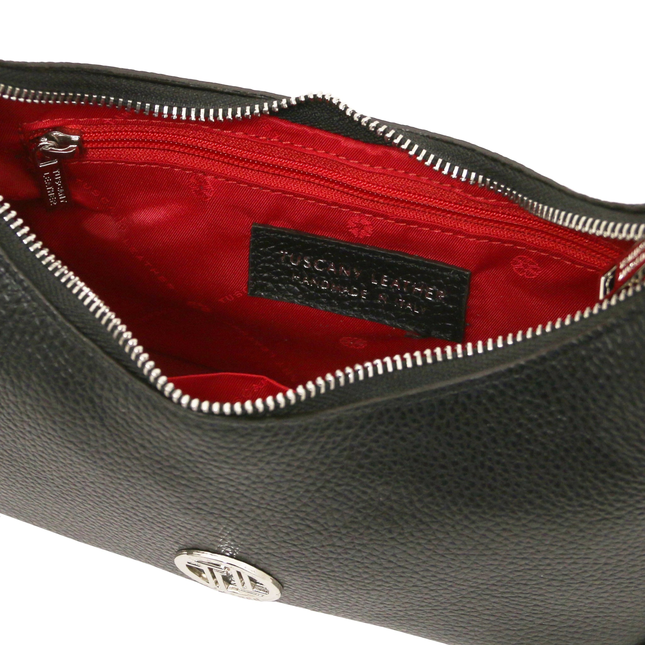 Black bag with red interior, zip pocket and zipper on a white background