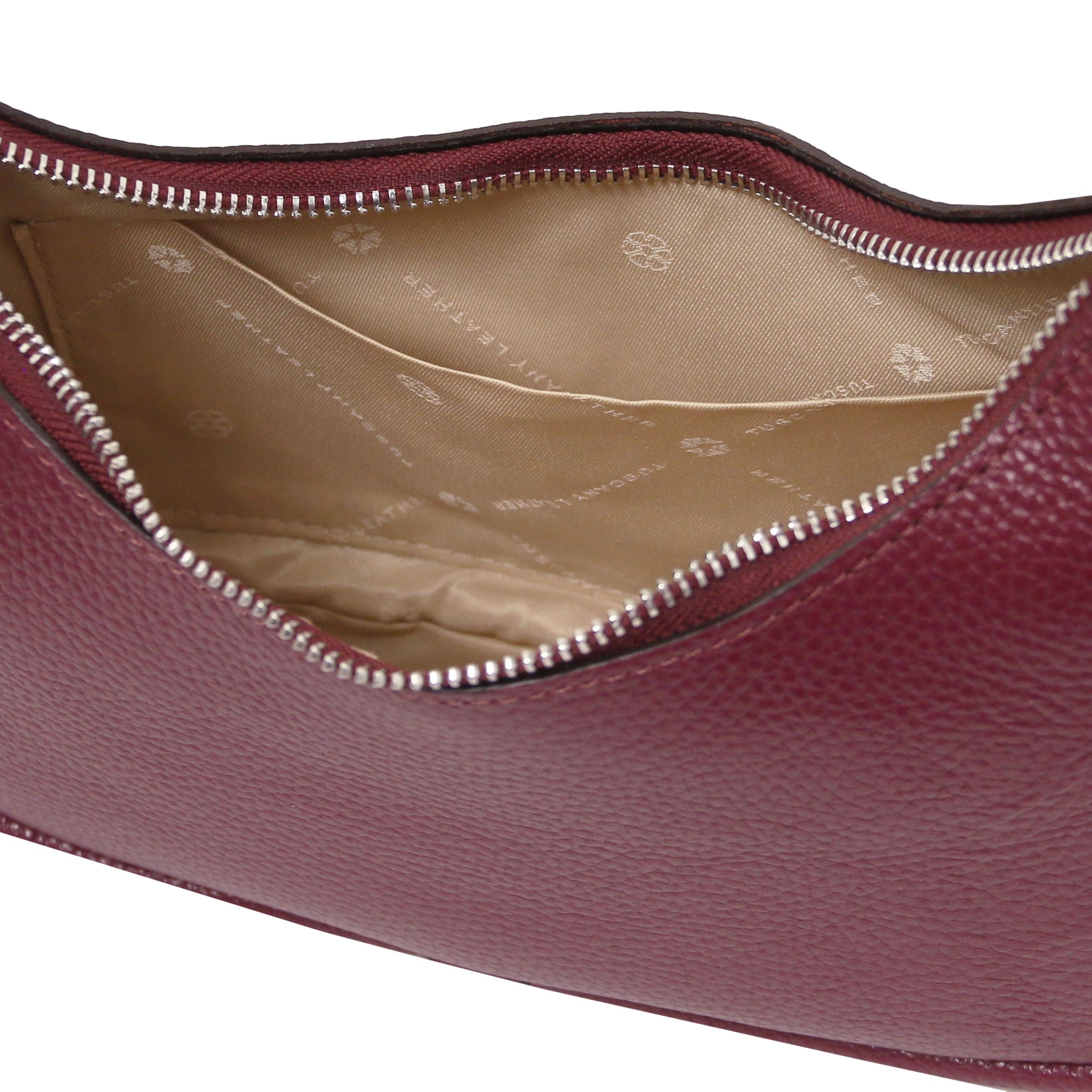 Michelle Italian Pebbled Leather Handbag Bordeaux Beige Polyester Interior Showing Open Pocket