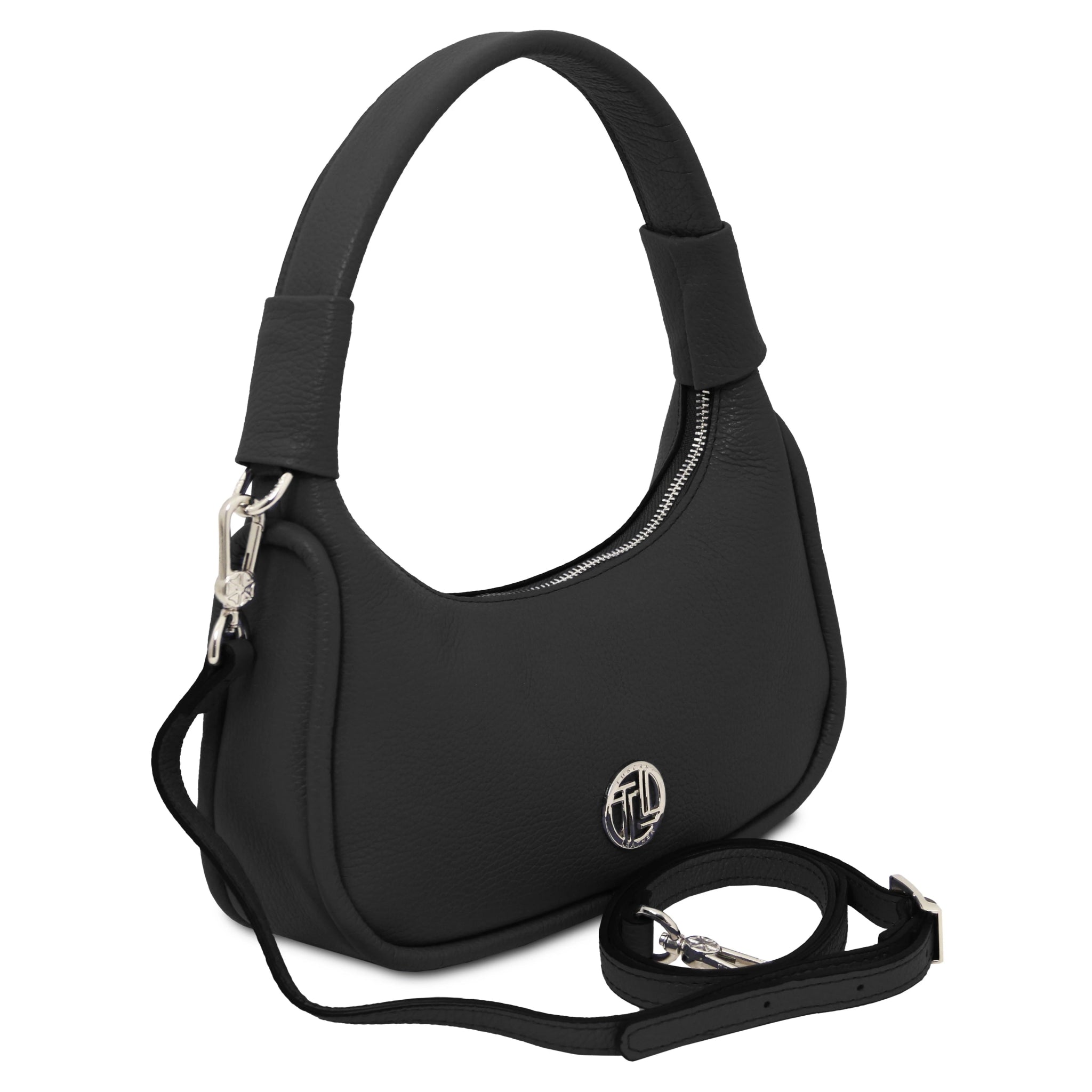 Black handbag with a strap on a white background