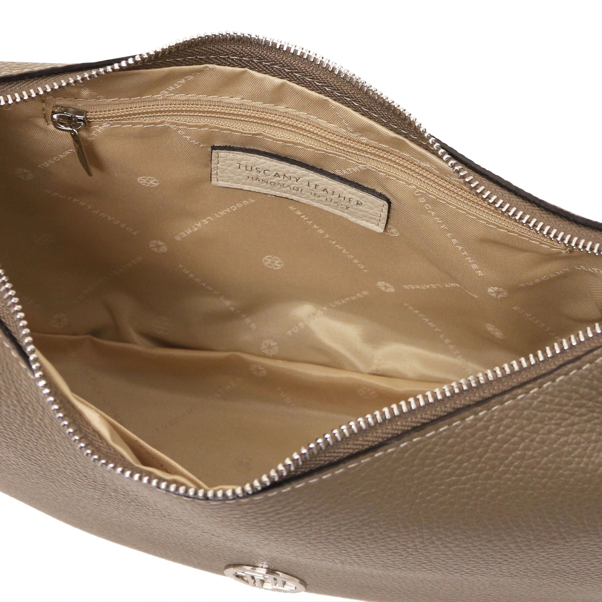 Interior zip pocket view Michelle Leather Hobo Bag dark taupe showing beige lining