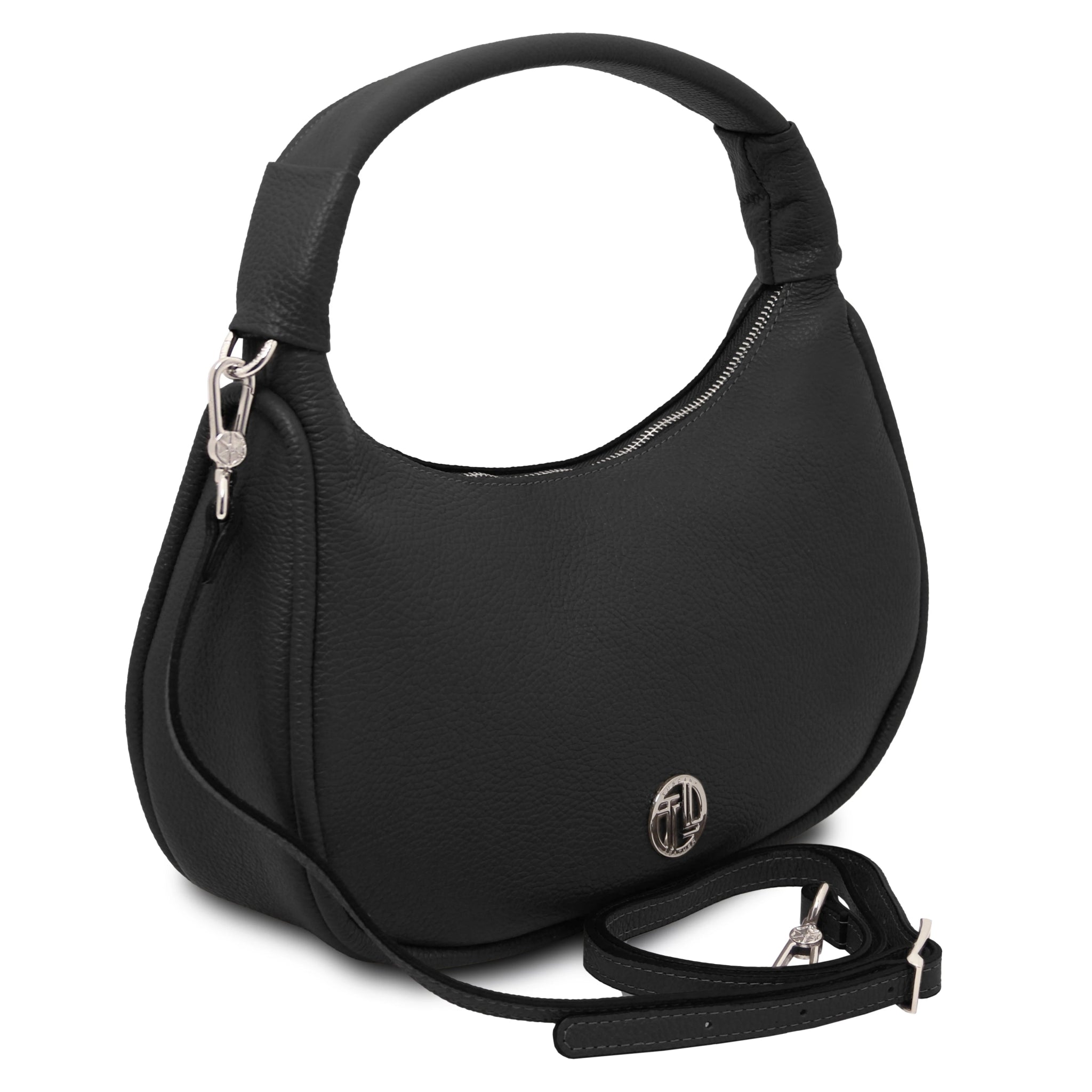 Black handbag with a shoulder strap on a white background