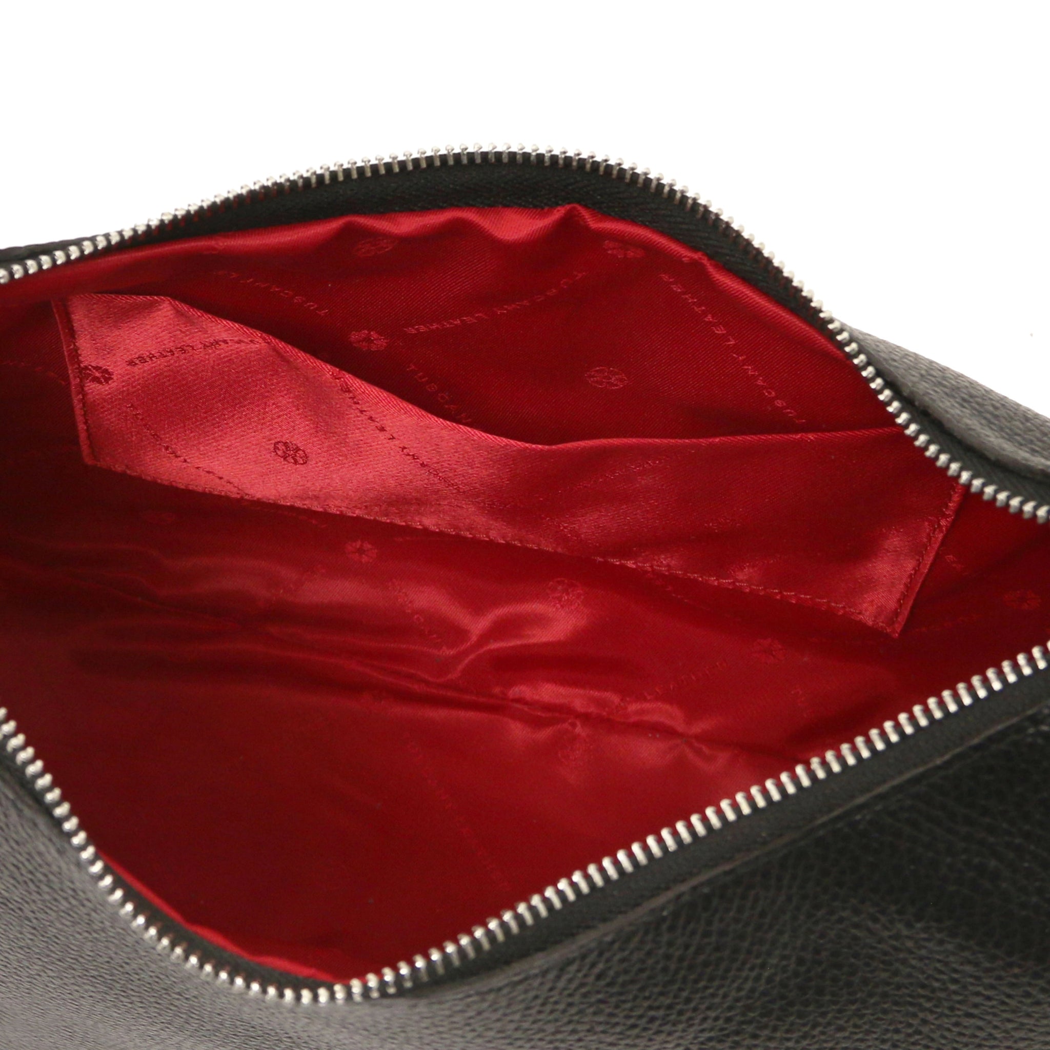 Interior open pocket view Michelle Leather Hobo Bag black showing red lining