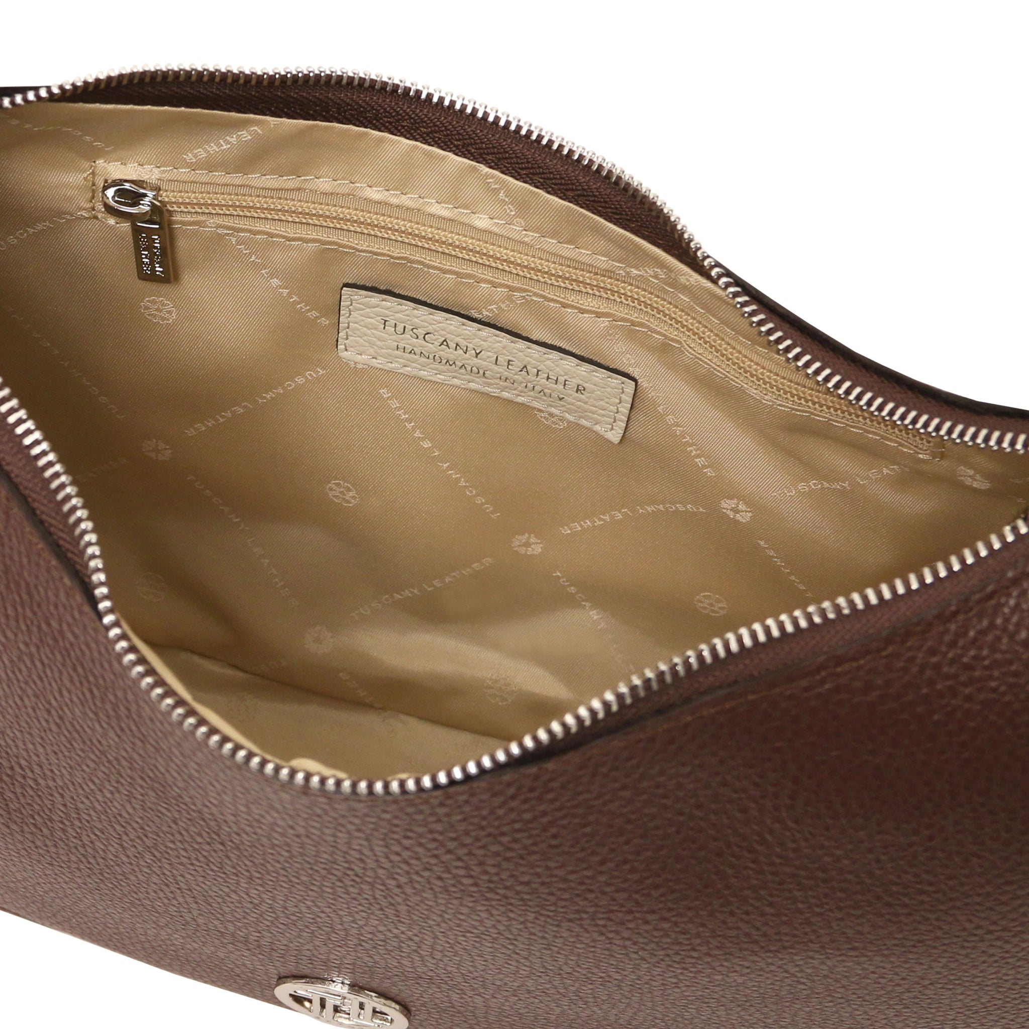 Interior zip pocket view Michelle Leather Hobo Bag in Coffee beige lining