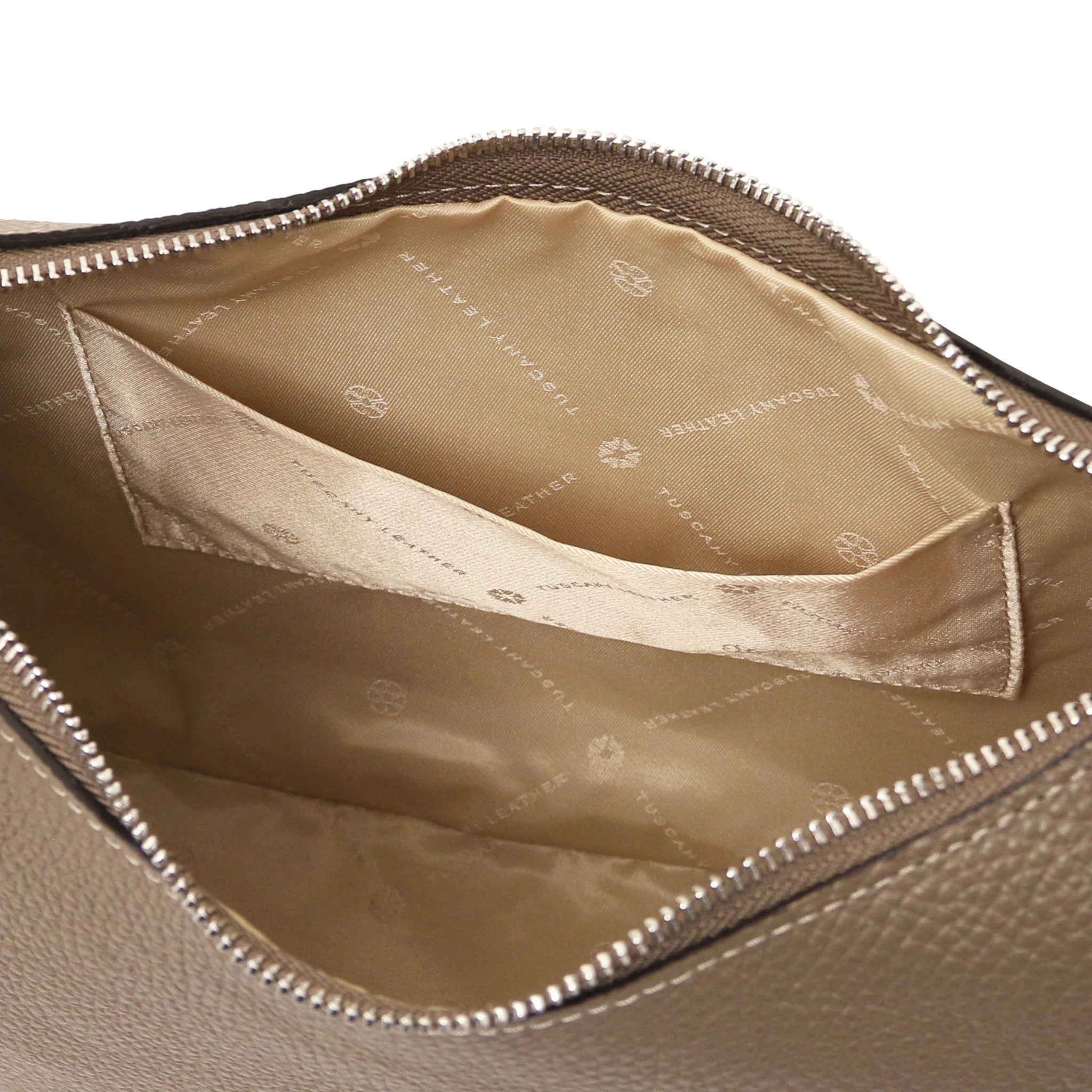 Interior open pocket view Michelle Hobo Bag dark taupe showing beige lining
