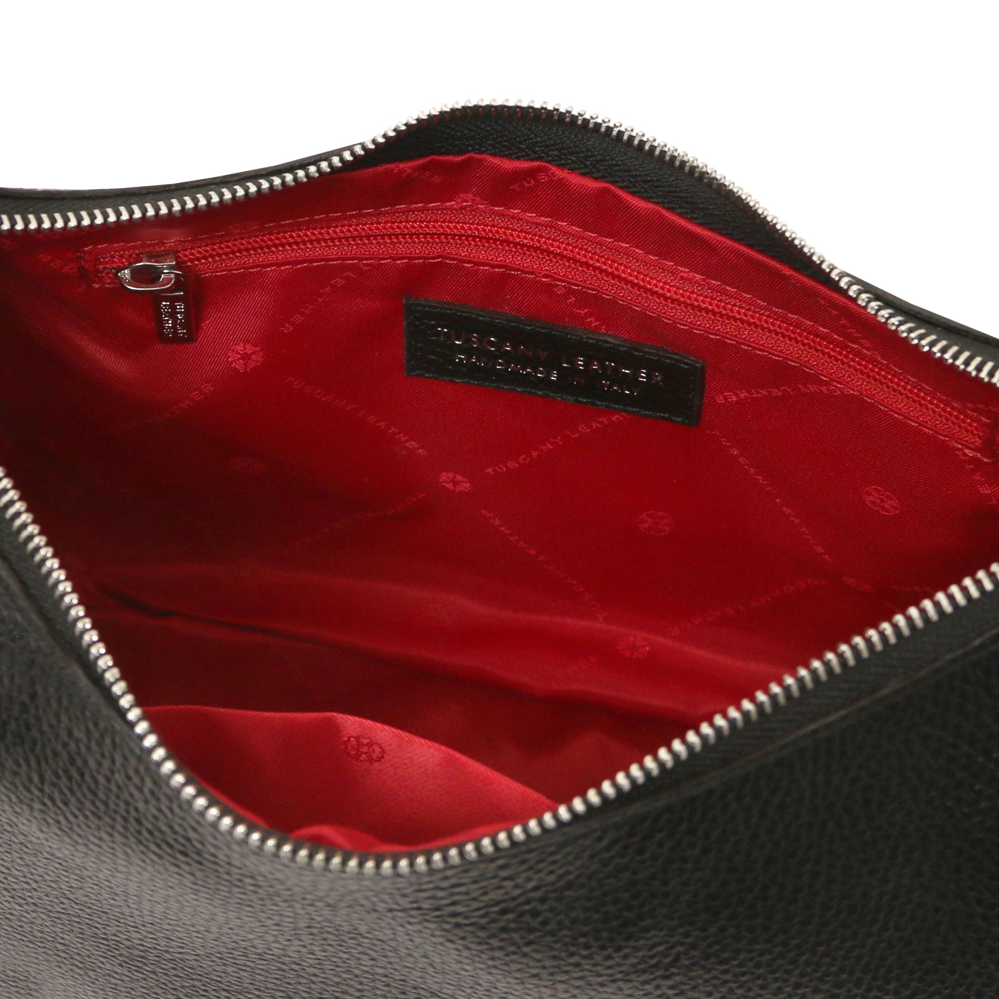 Interior zip pocket view Michelle Pebbled Leather Hobo Bag in black showing red lining