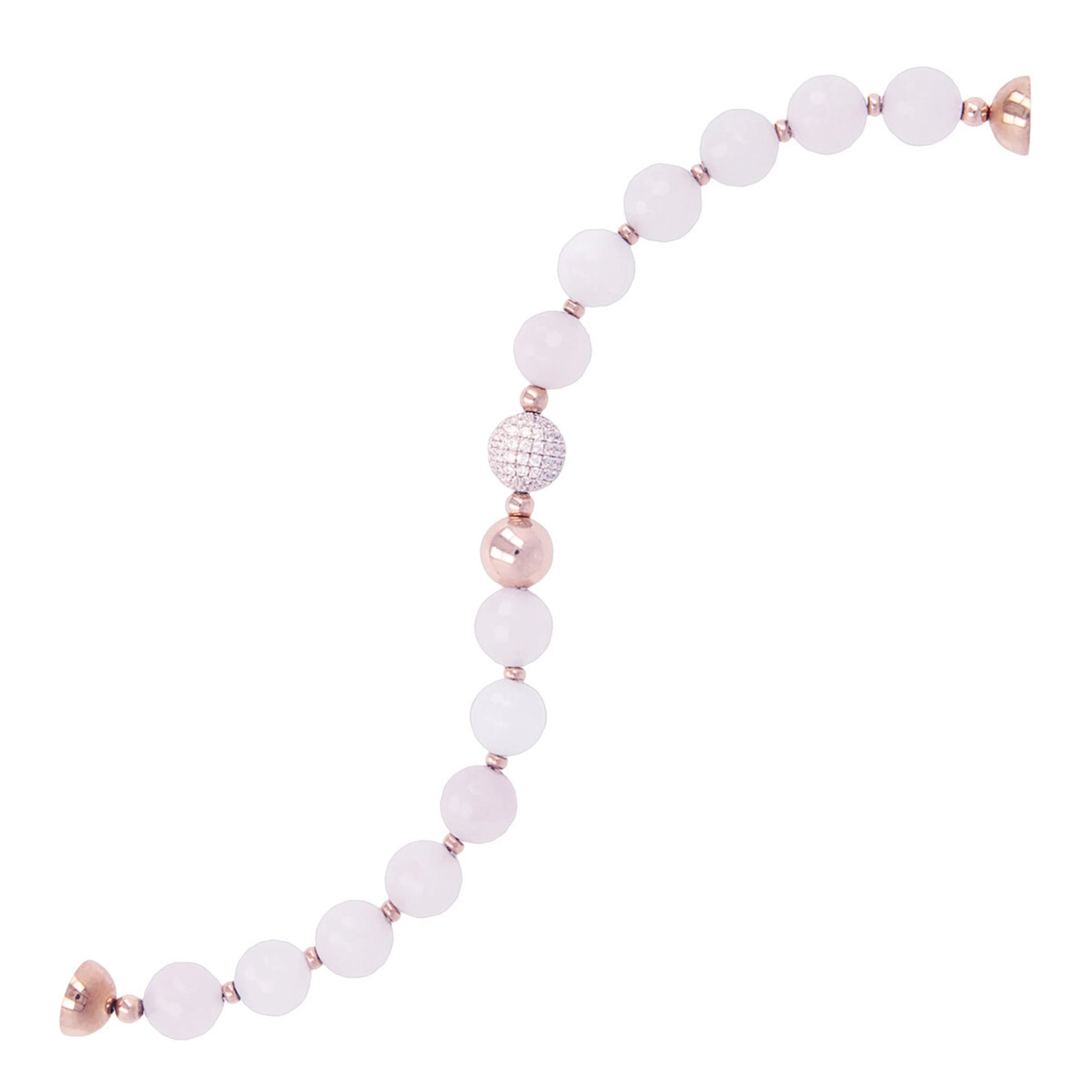 Milano Pavé Rosé Gold Bracelet with Rose Quartz fully extended om a white background showing the magentic gold bead closure - L'Atelier Global
