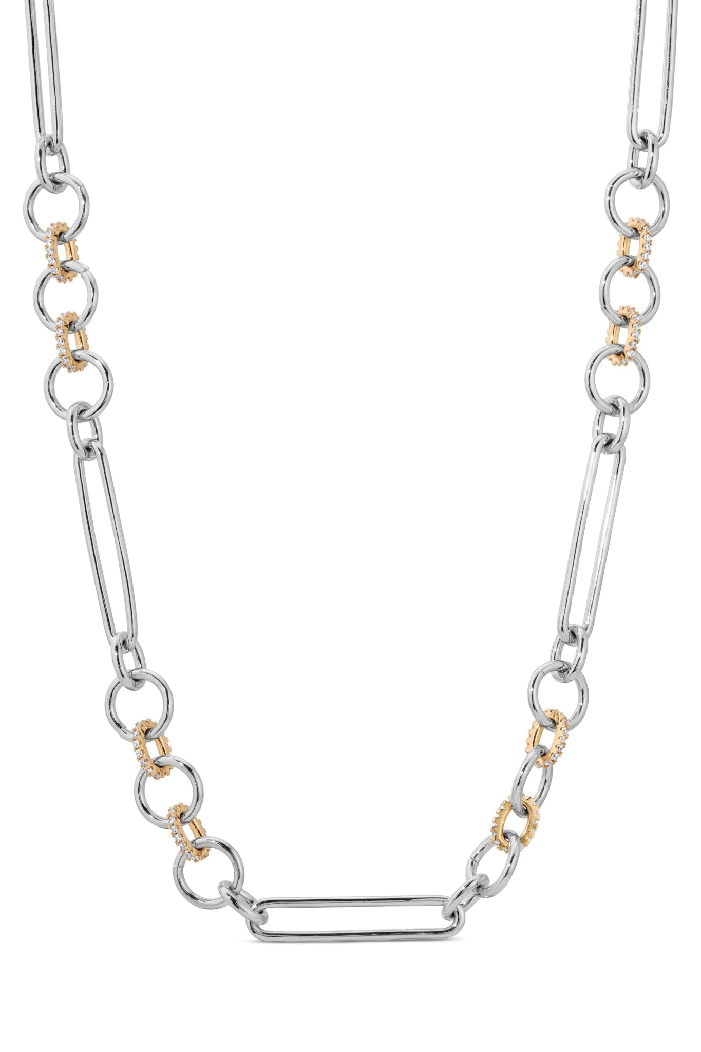 Mixed Link Gold Chain White Cubic Zirconia Necklace in silver on a white background