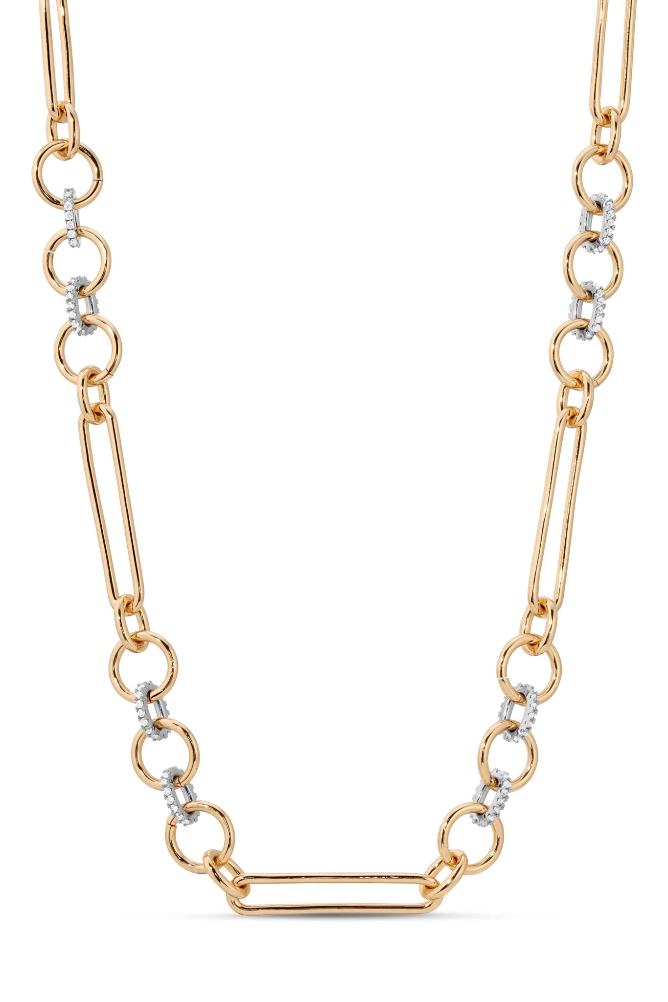 Mixed Link Gold Chain White Cubic Zirconia Necklace in gold on a white background