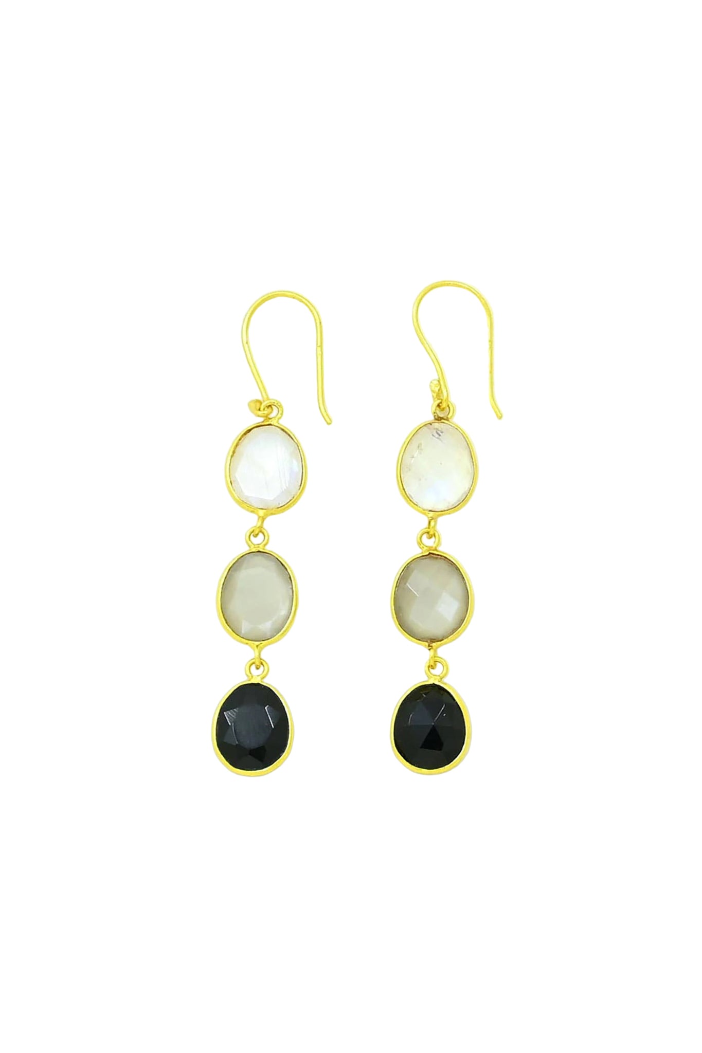 Gold-plated hook earrings with grey moonstone, rainbow moonstone, and black onyx gemstones.