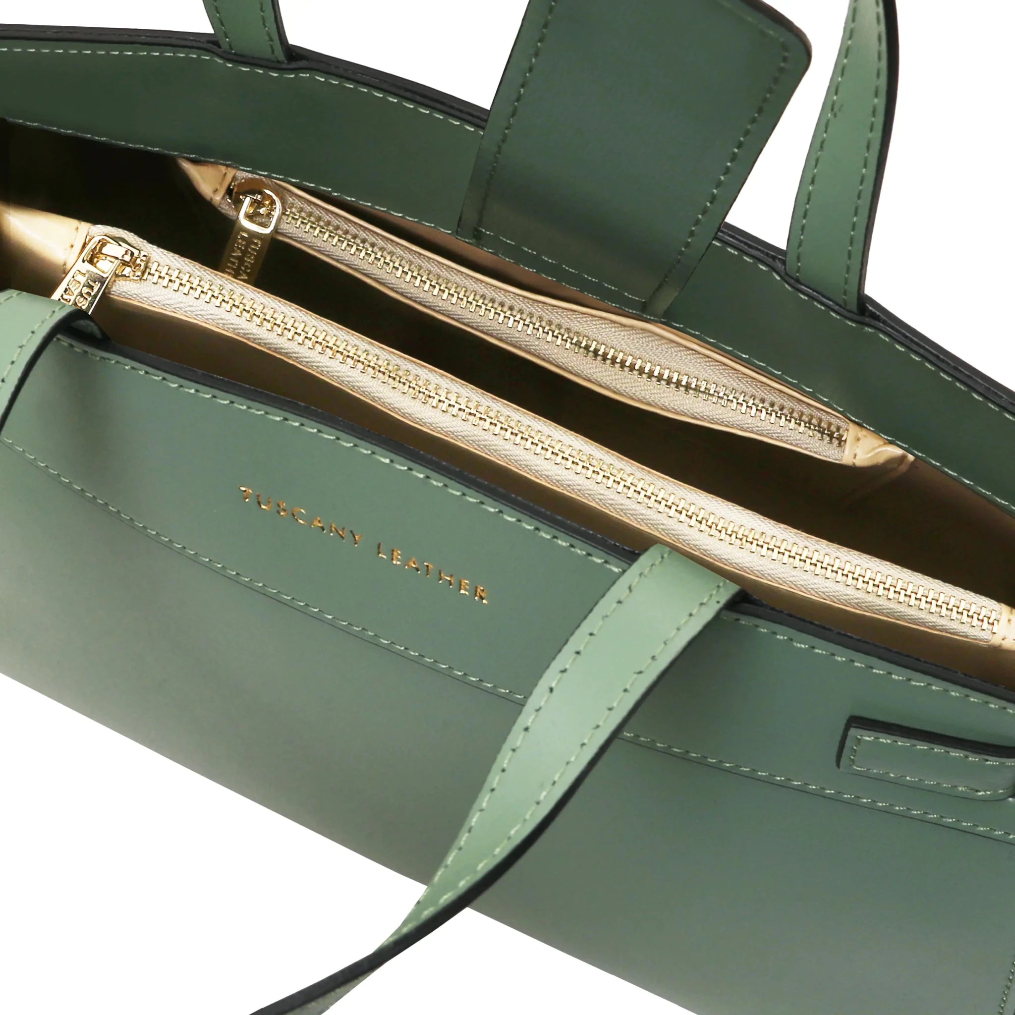 Interior zip pocket sview Musa Italian Smooth Leather Tote Bag in mint green with beige lining