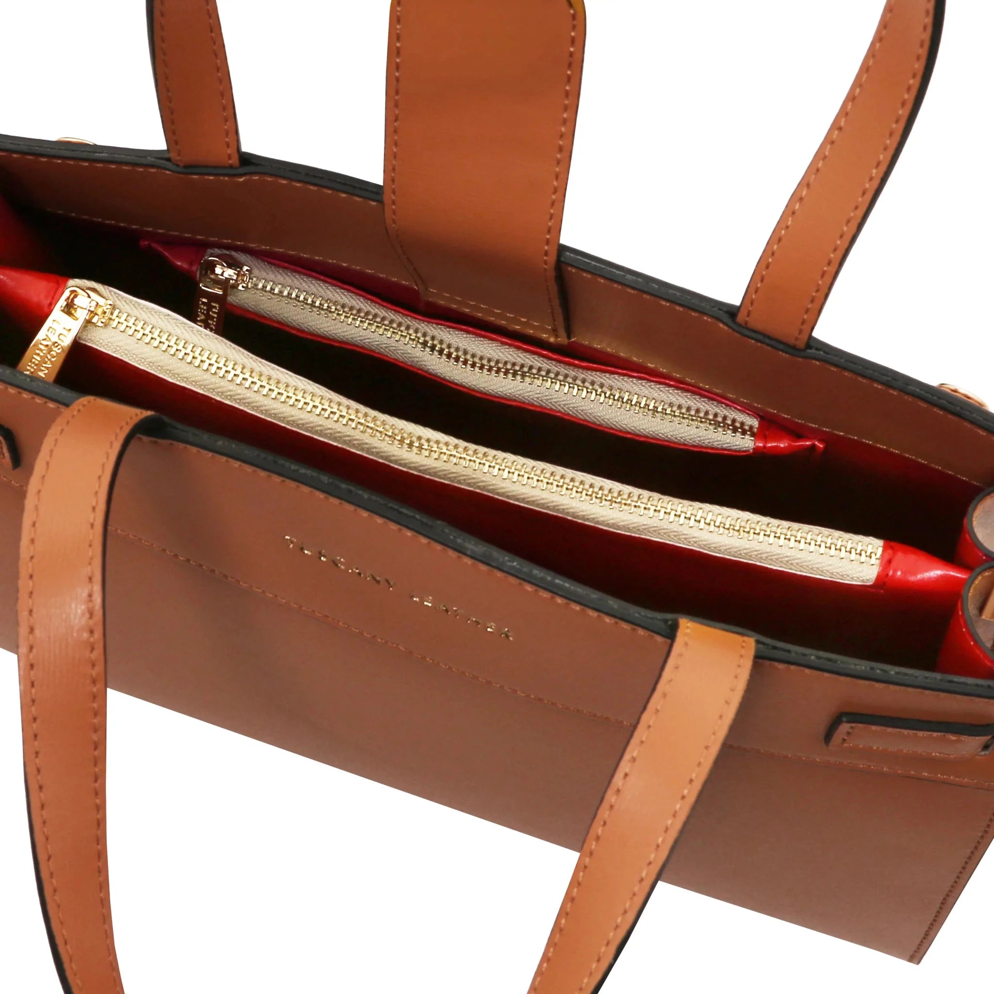 Interior zip pocket sview Musa Italian Smooth Leather Tote Bag in cognac with red lining