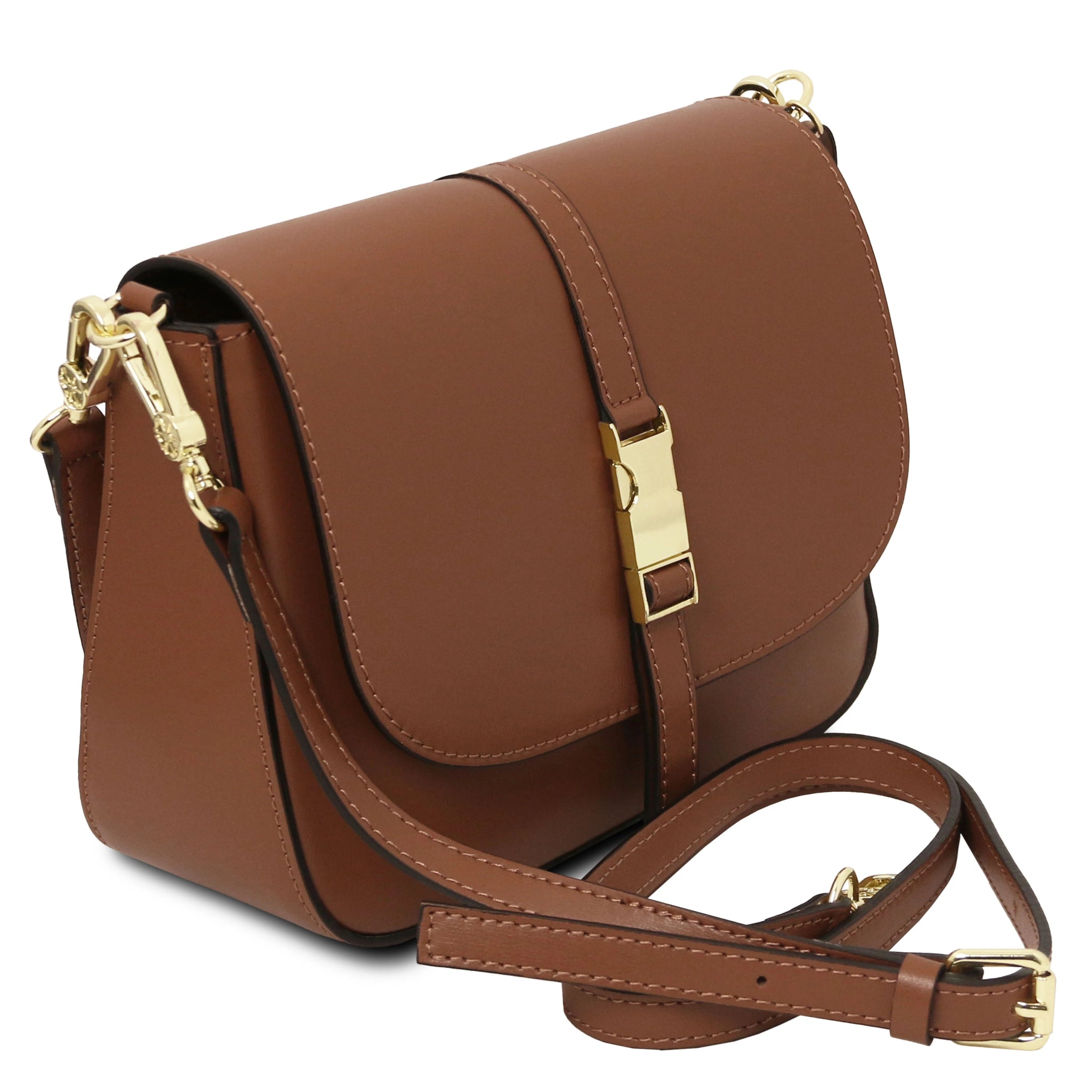 Front view Nausica Italian Leather Shoulder Bag in cognac showing detachable adjustable crossbody, shoulder strap