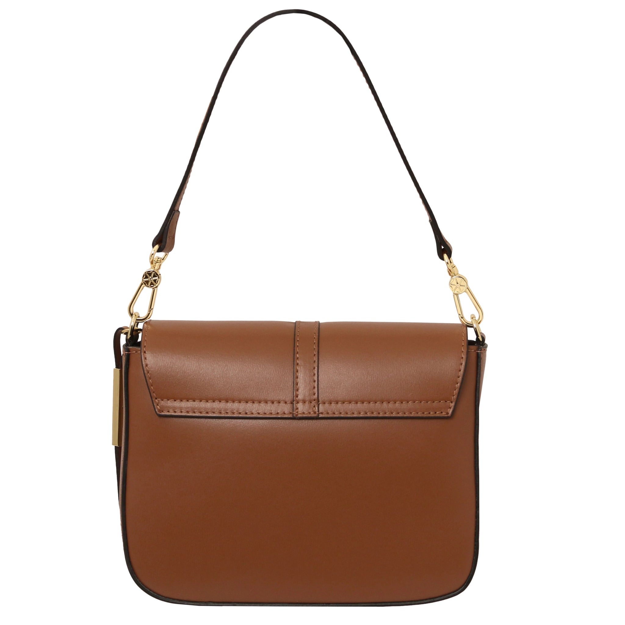 Back view Nausica Italian Leather Shoulder Bag in cognac showing detachable handle and golden hardware