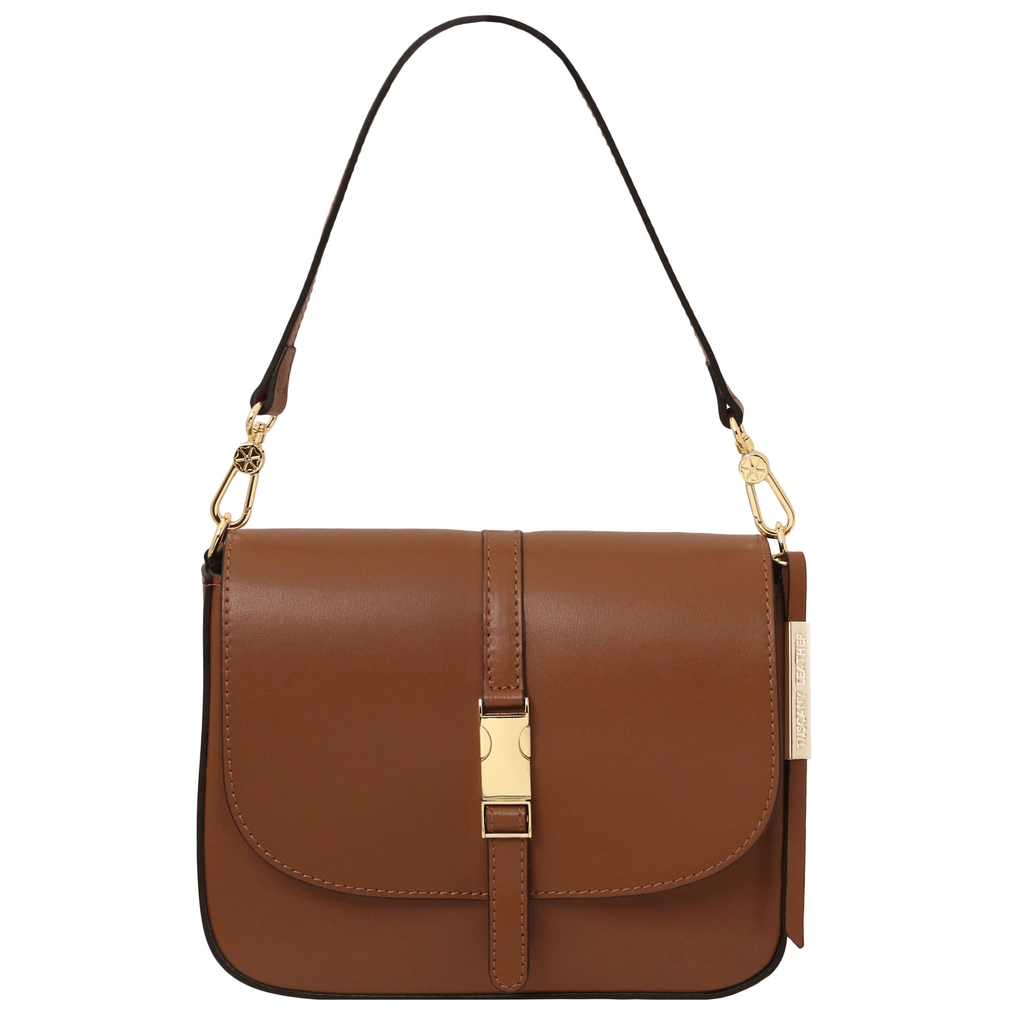 Front view Nausica Italian Leather Shoulder Bag in cognac showing detachable handle and front flap magnetic button closure