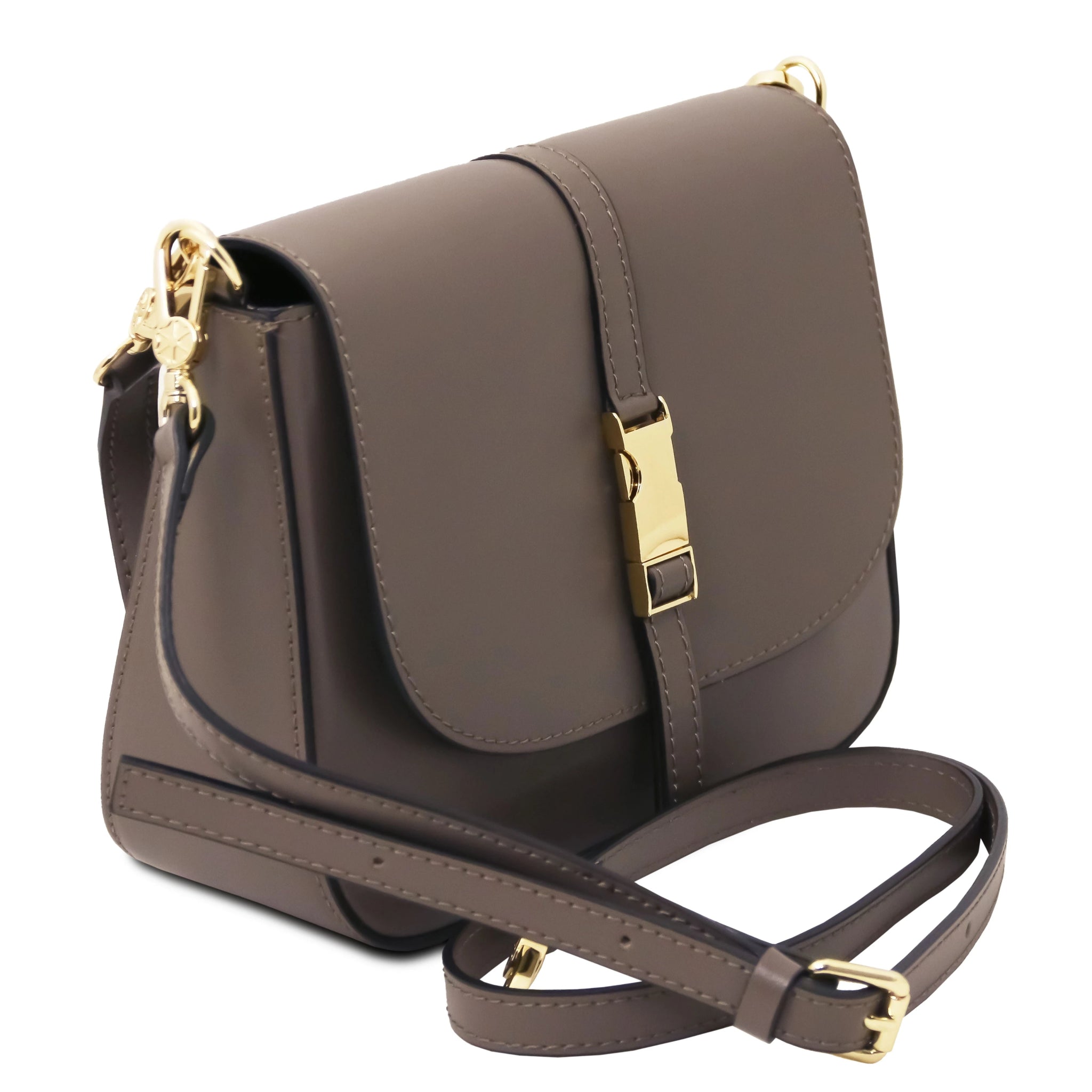 Front view Nausica Italian Leather Shoulder Bag dark taupe showing detachable adjustable crossbody, shoulder strap