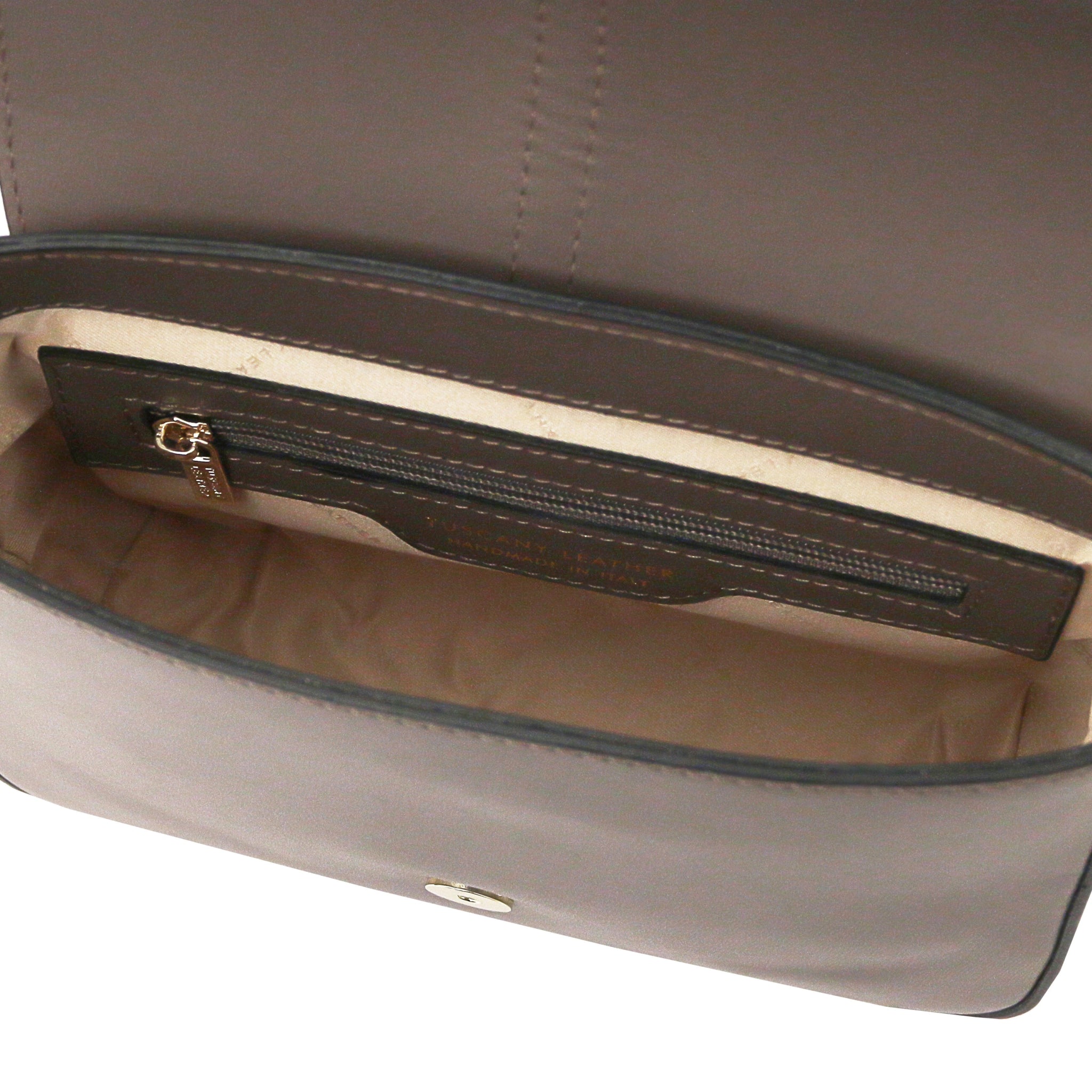 Interior open pocket view Nausica Italian Leather Shoulder Bag in dark taupe showing natural bag lining and magnetic button closure