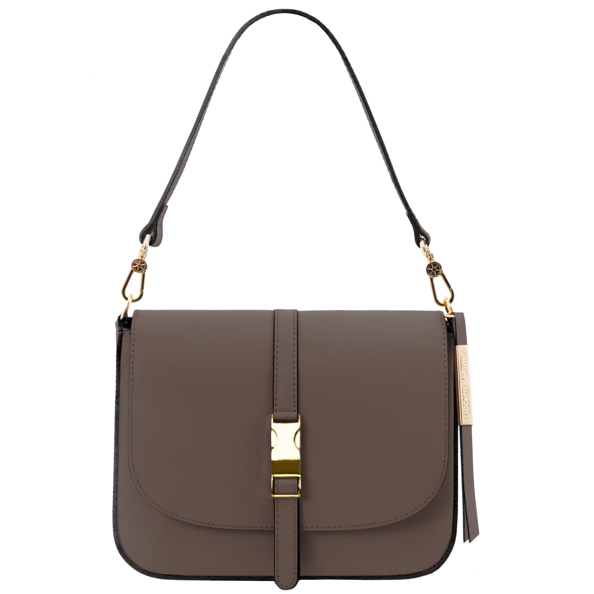 Front View Nausica Leather Shoulder Bag in Dark Taupe detachable handle golden hardware
