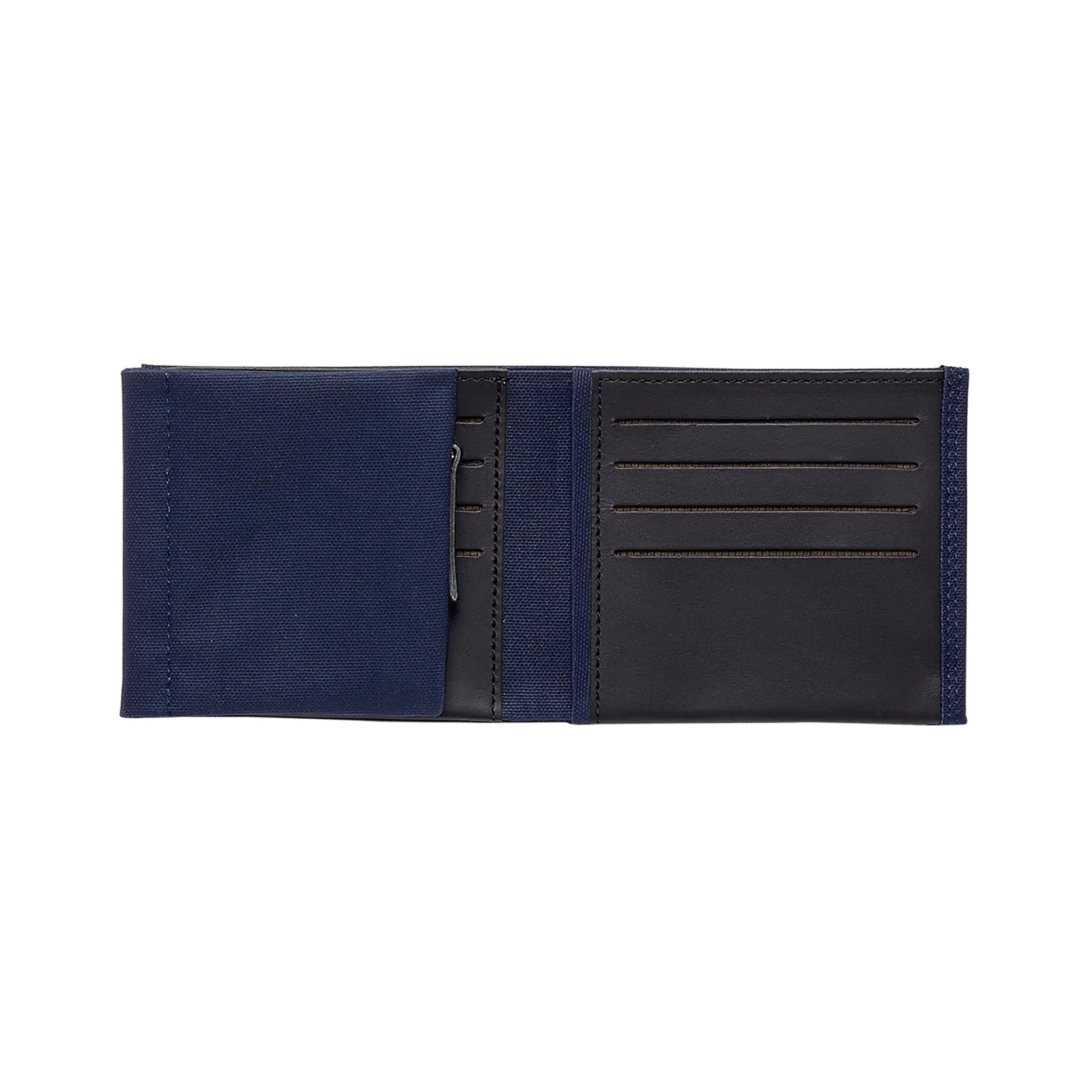 Navy Bifold Waxed Canvas Leather Wallet with Coin Pocket interior view whowing brown rich leather card pockets, zippered coin pocket and navy water-resistant waxed cotton finish.