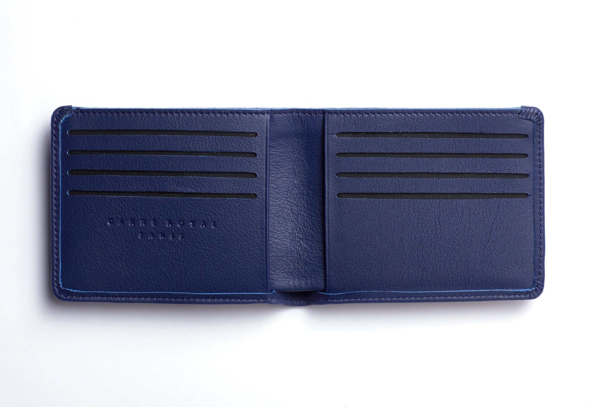 Navy Minimalist Wallet interior showing eight card pockets and two open pouches.