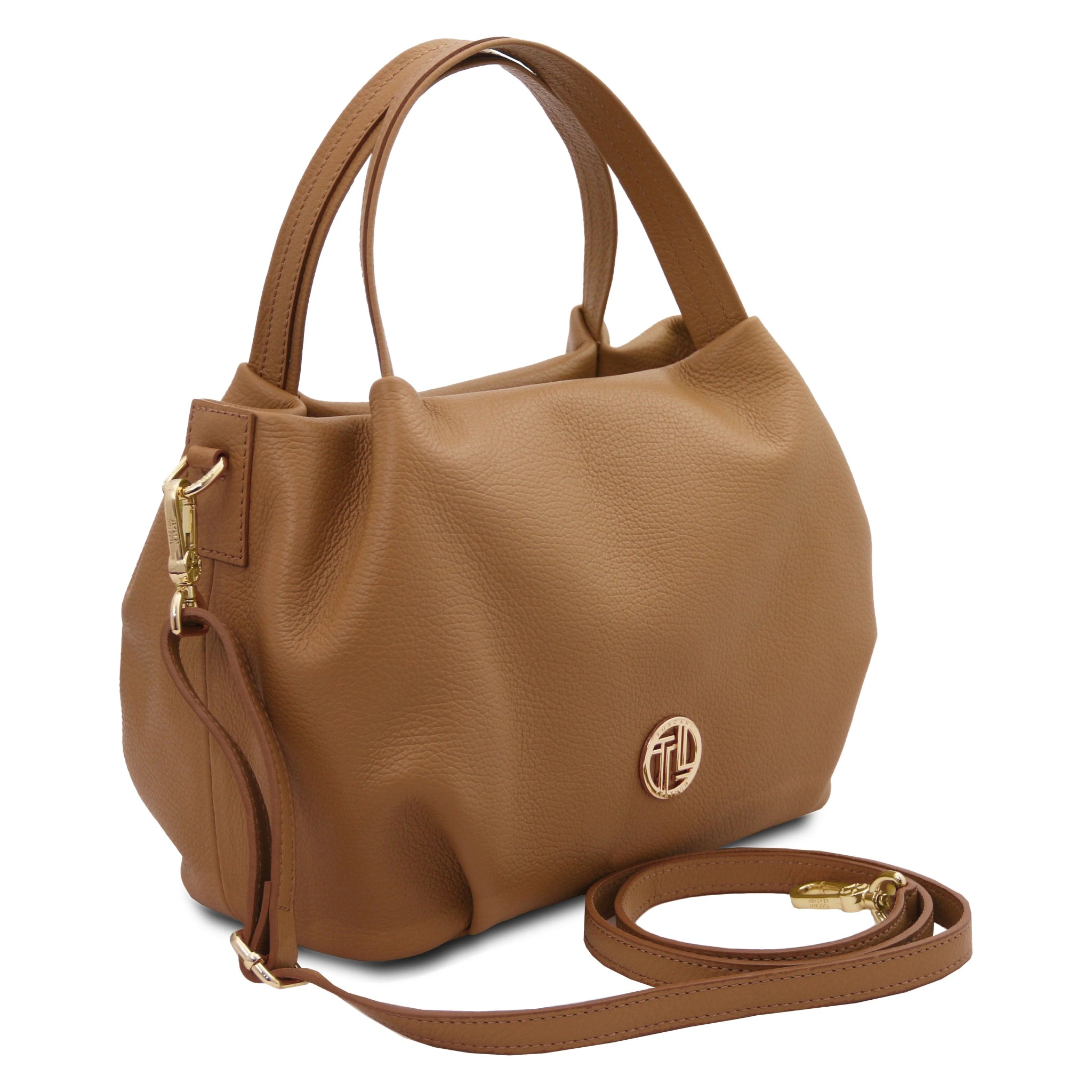 Front view Nora Soft Italian Leather Shoulder Bag in Caramel showing gold front logo, handle and adjustable shoulder strap