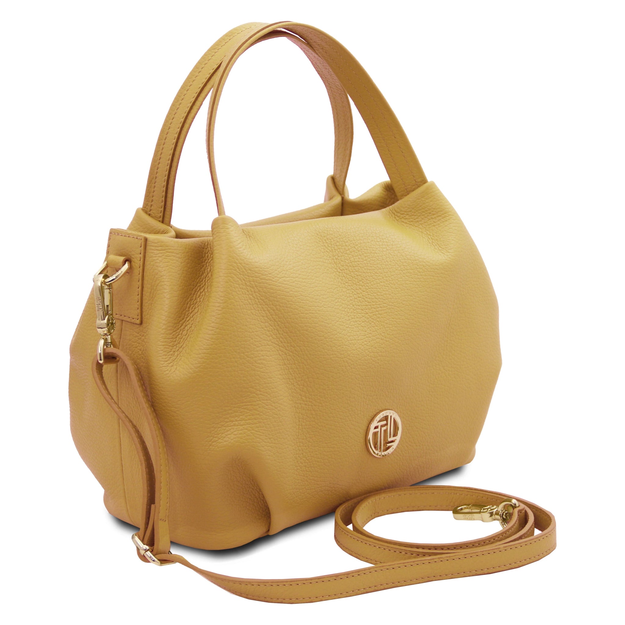 Front view Nora Soft Italian Leather Shoulder Bag Pastel Yellow showing gold front logo, handle and adjustable shoulder strap