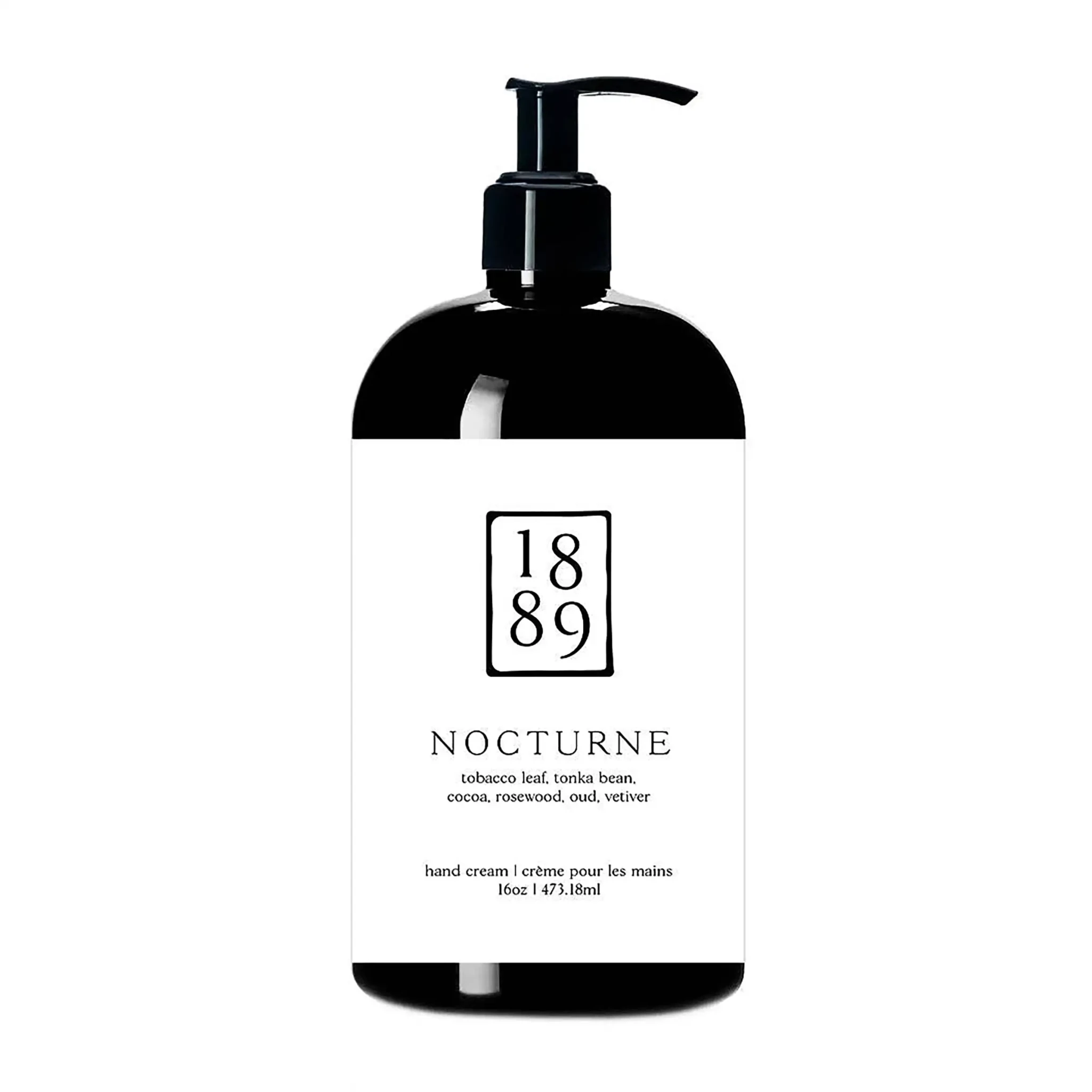 Hand cream bottle with pump and '1889 Nocturne' label on a white background