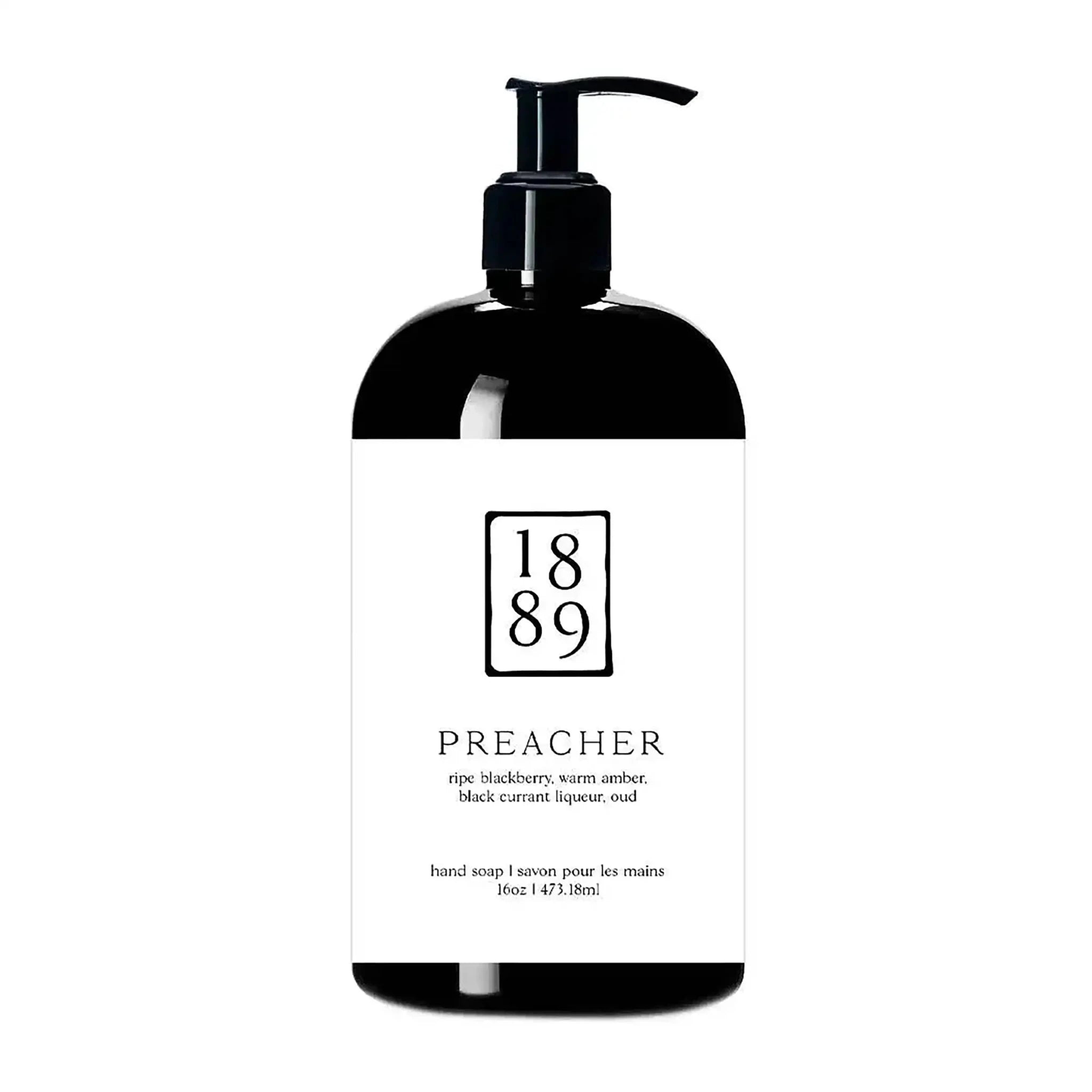 Black and white bottle with pump dispenser labeled '1889 Preacher' on a white background