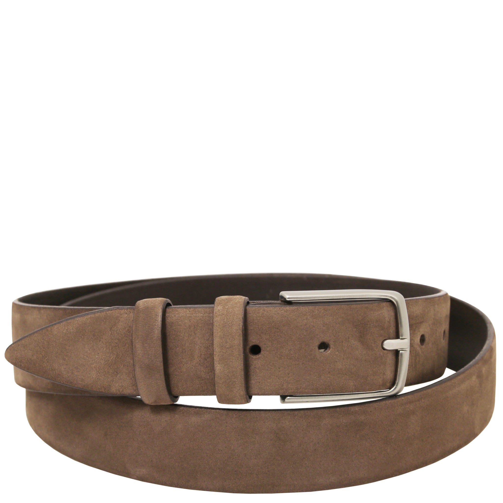 Taupe Nubuck Leather Belt with a silver buckle on a white background