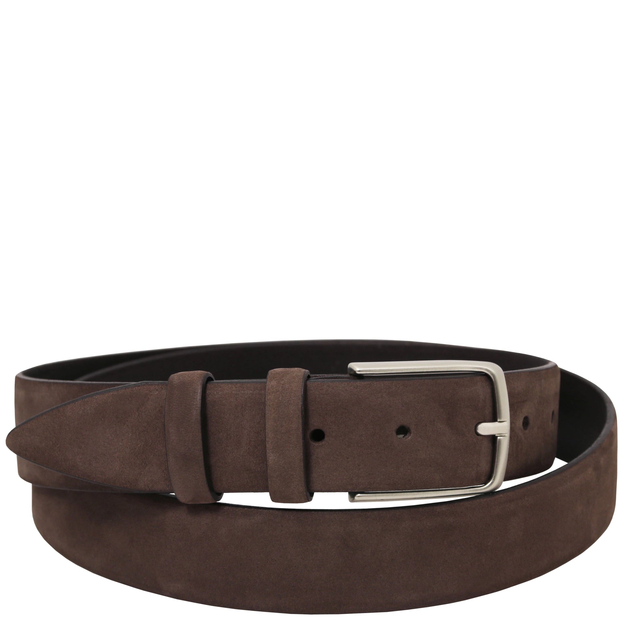 Dark Brown Nubuck Leather Belt with a silver buckle on a white background