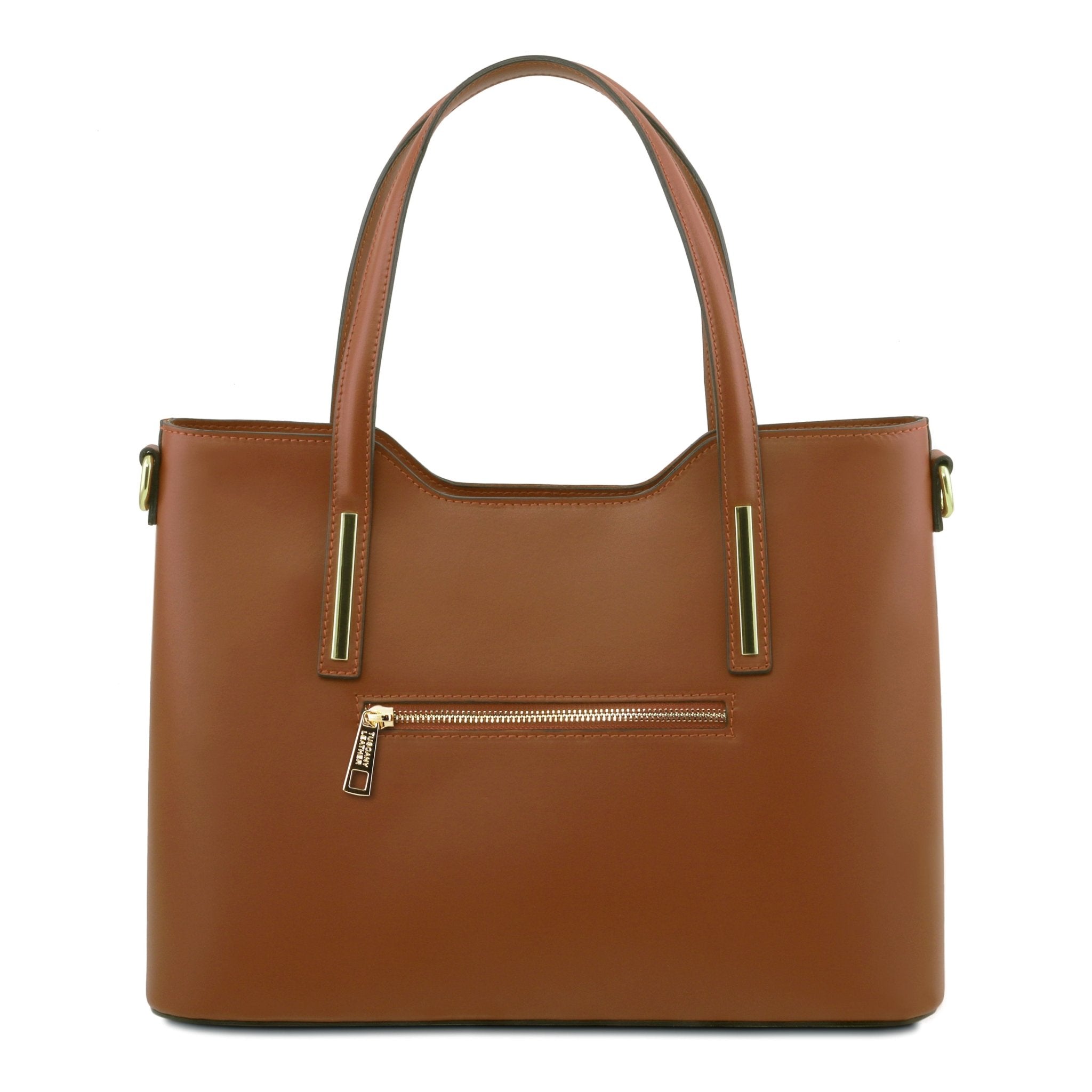 Olimpia Italian Leather Tote Bag in cognac on a white background, back view with exterior zipper pocket