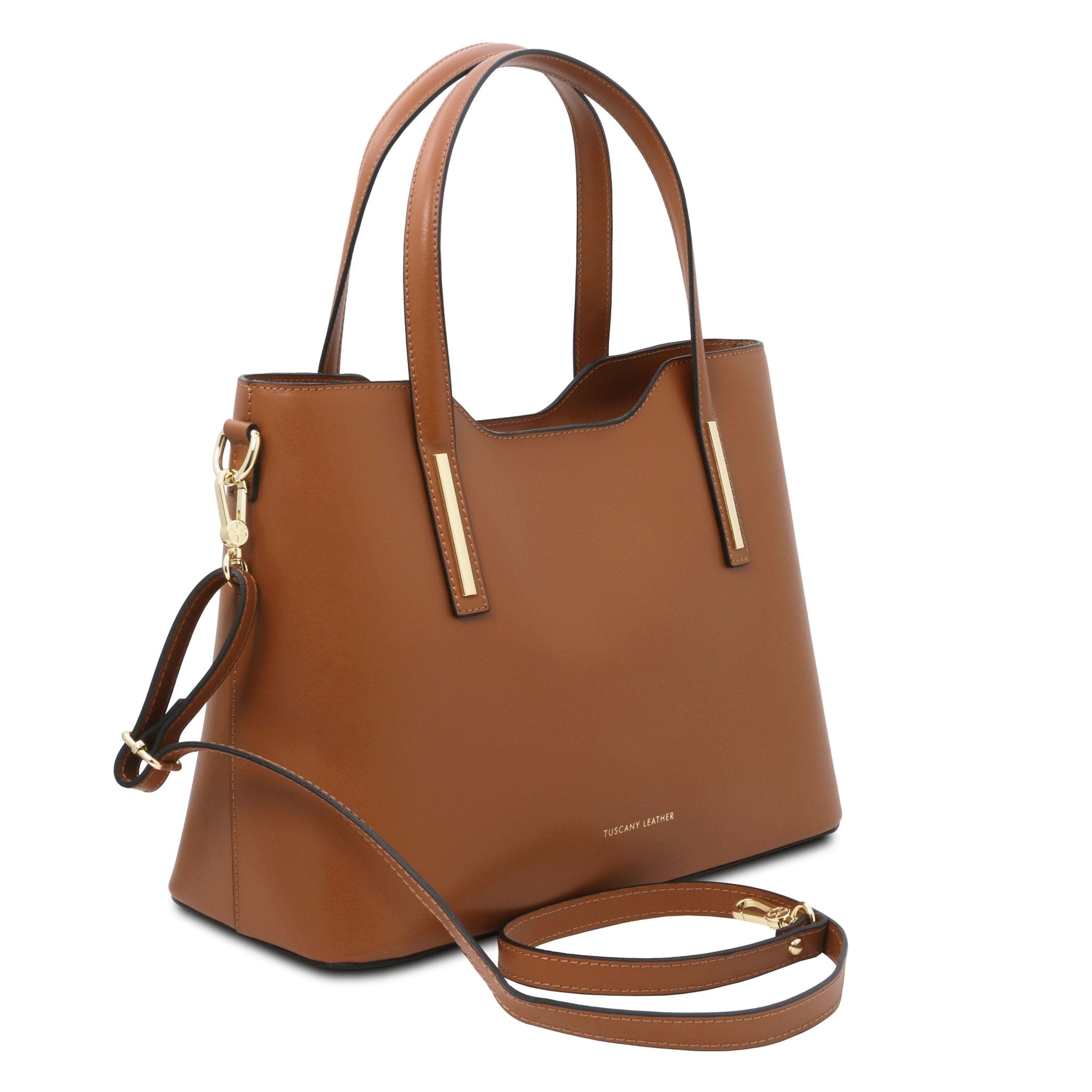 Olimpia Italian Leather Tote Bag in cognac on white background, front side view showing detachable shoulder strap and handles