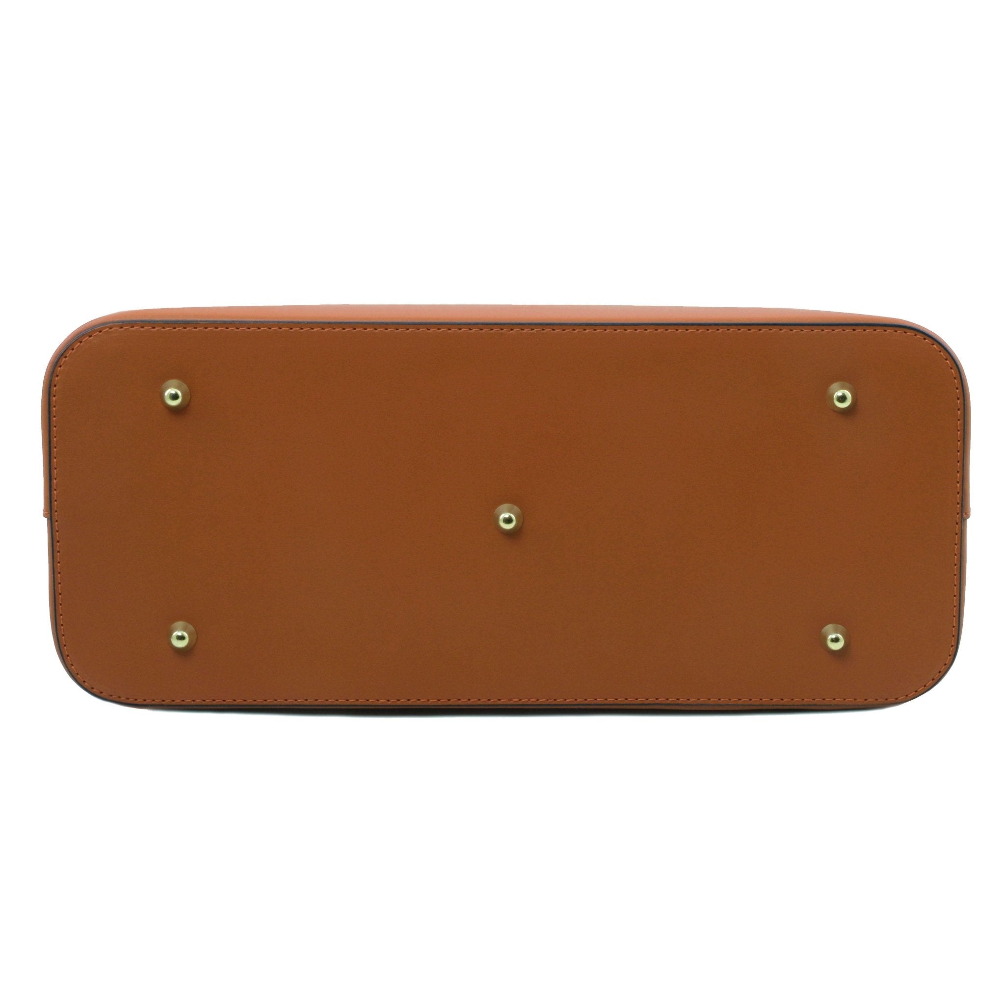 Olimpia Italian Leather Tote Bag in cognac on a white background, bottom view with golden metal feet