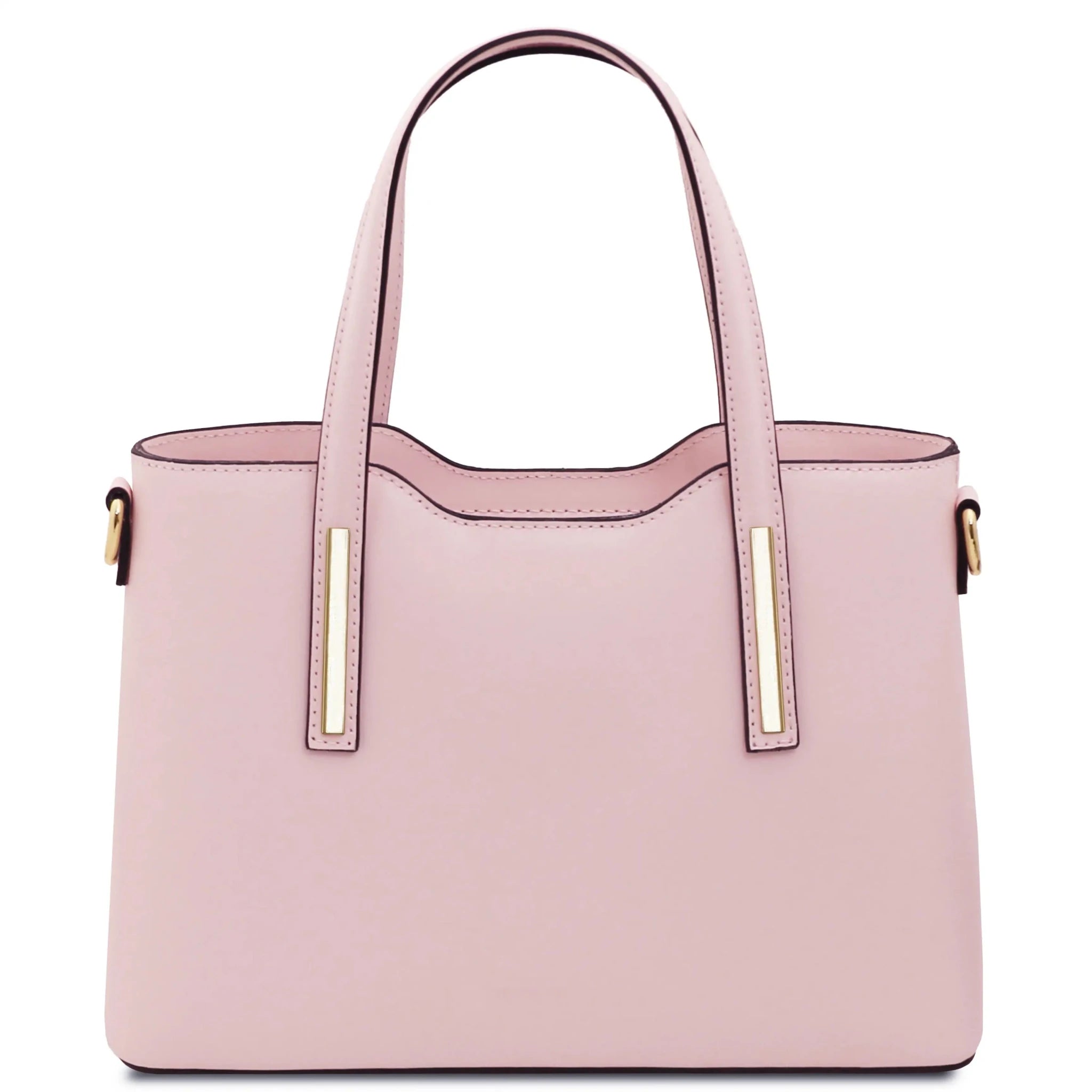 Back View Olimpia Leather Tote in Ballet Pink Small Size showing golden metal accents on handles