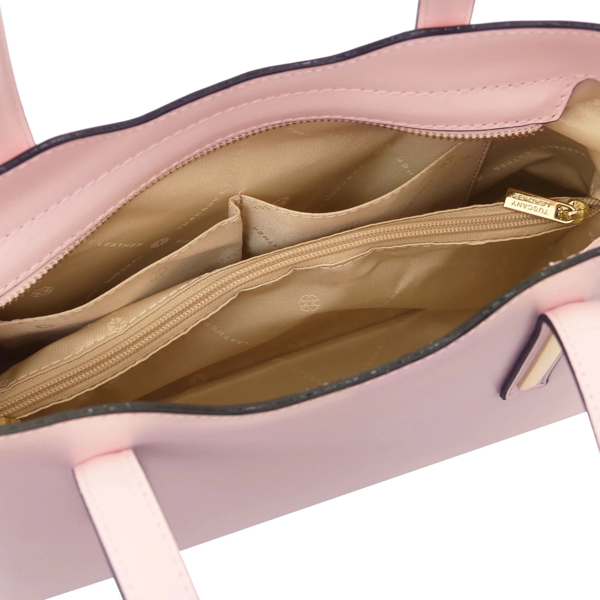 Interior Open Pockets View Olimpia Leather Tote in Ballet Pink showing beige lining