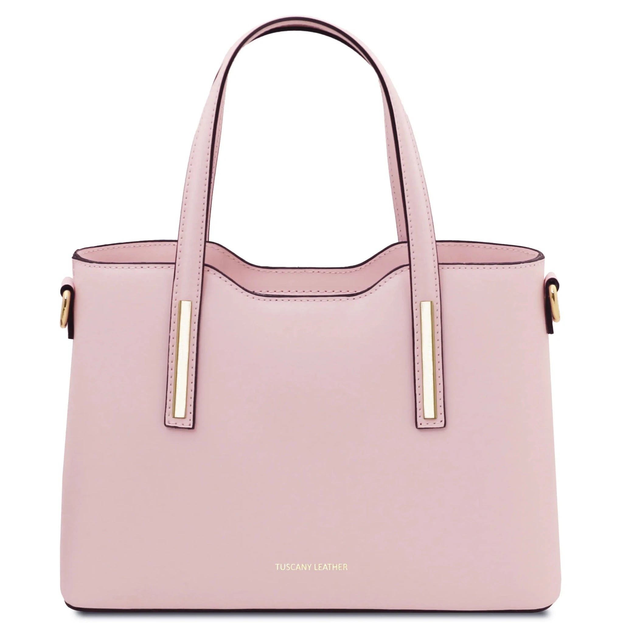 Front View Olimpia Leather Tote in Ballet Pink Small Size showing golden metal accents on handles