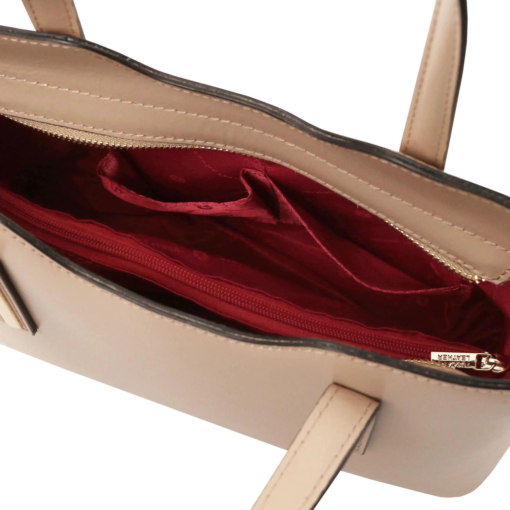 Interior Open Pockets View Olimpia Leather Tote in Light Taupe showing red lining